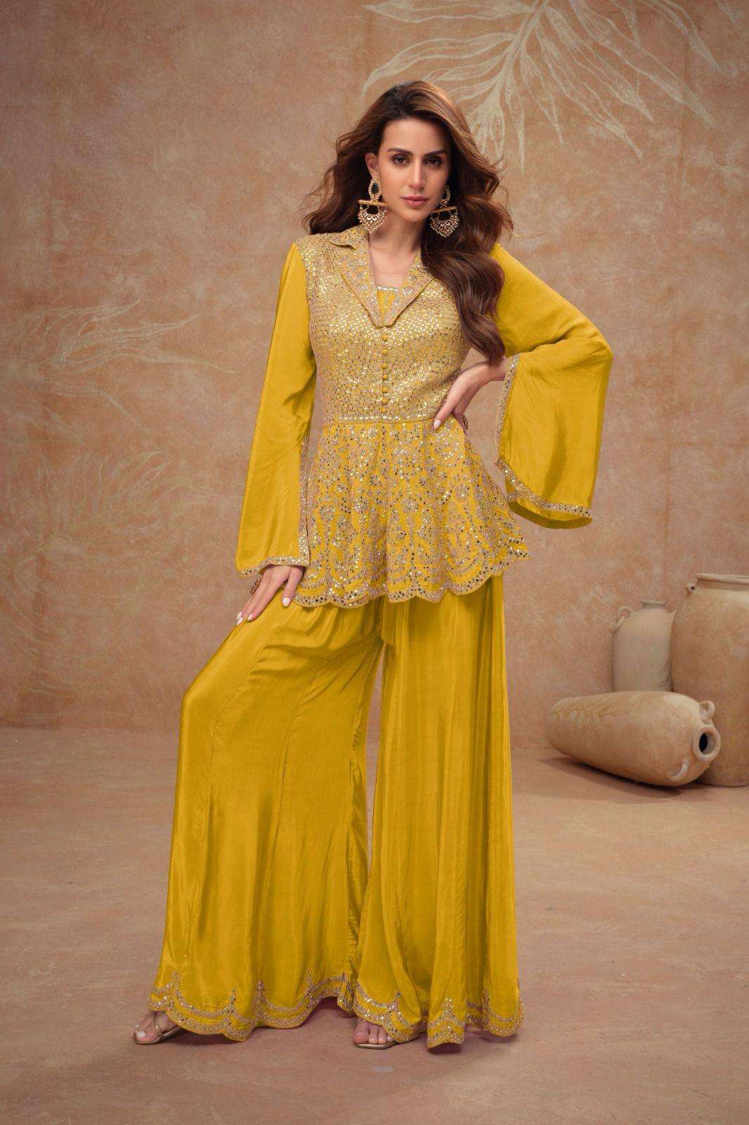 DESIGNER FANCY CHINON YELLOW SHARARA PALAZZO SALWAR SUIT NEW COLLECTION GL DILKASH 7528 E