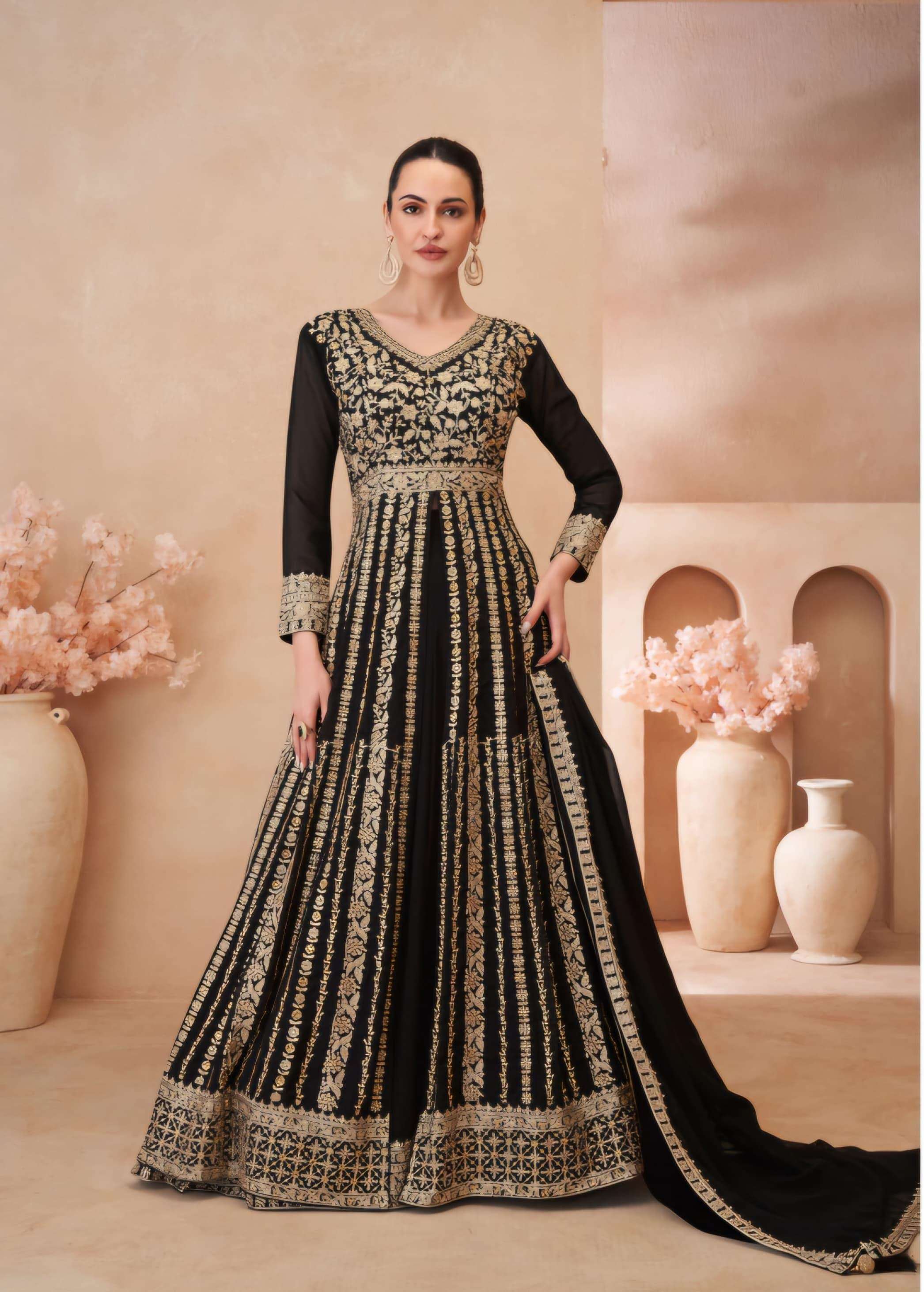 DESIGNER FANCY GEORGETTE LONG BLACK ANARKALI GOWN SALWAR SUIT NEW COLLECTION DST GLAMOUAR 3104