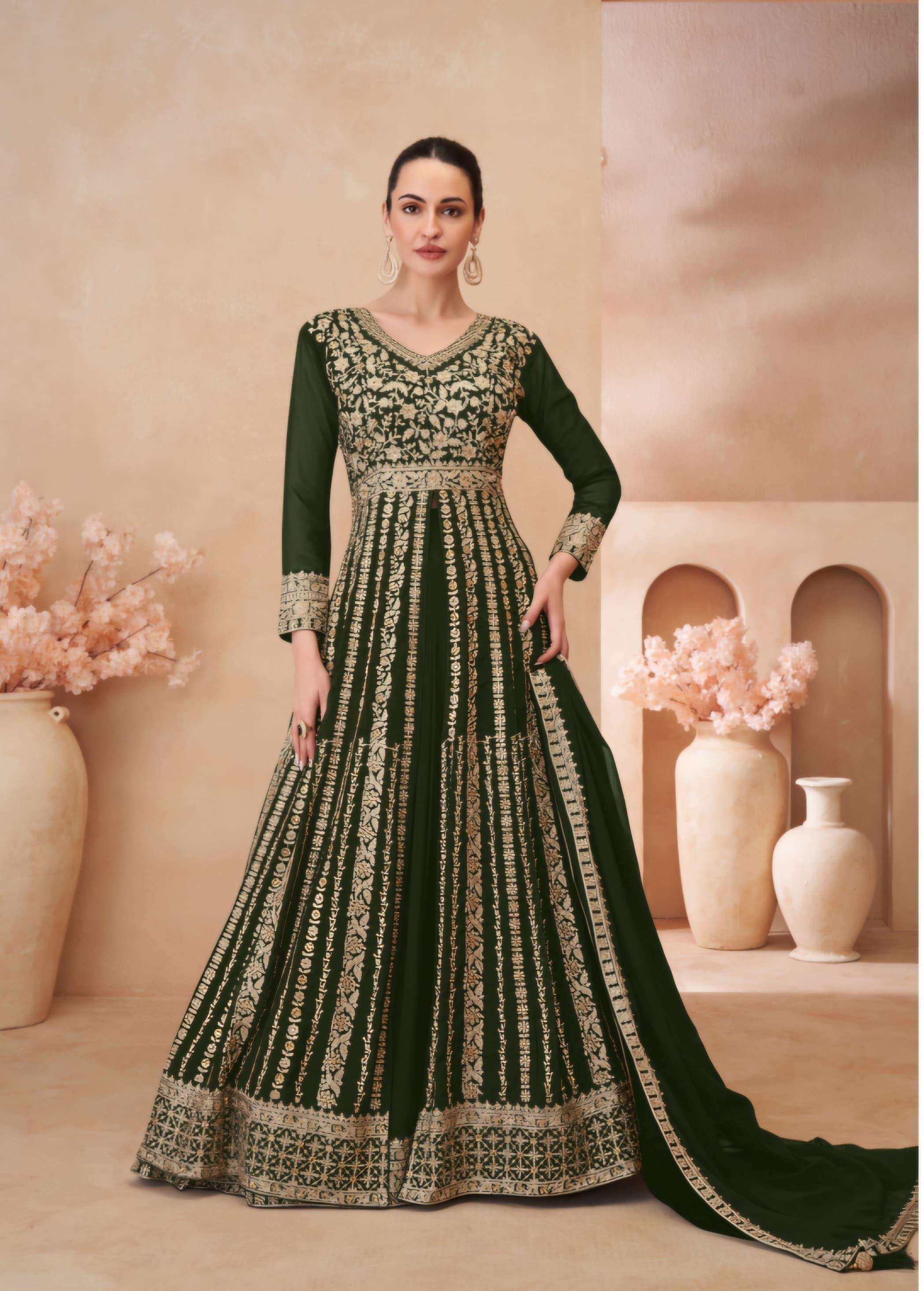 DESIGNER FANCY GEORGETTE LONG GREEN ANARKALI GOWN SALWAR SUIT NEW COLLECTION DST GLAMOUAR 3102