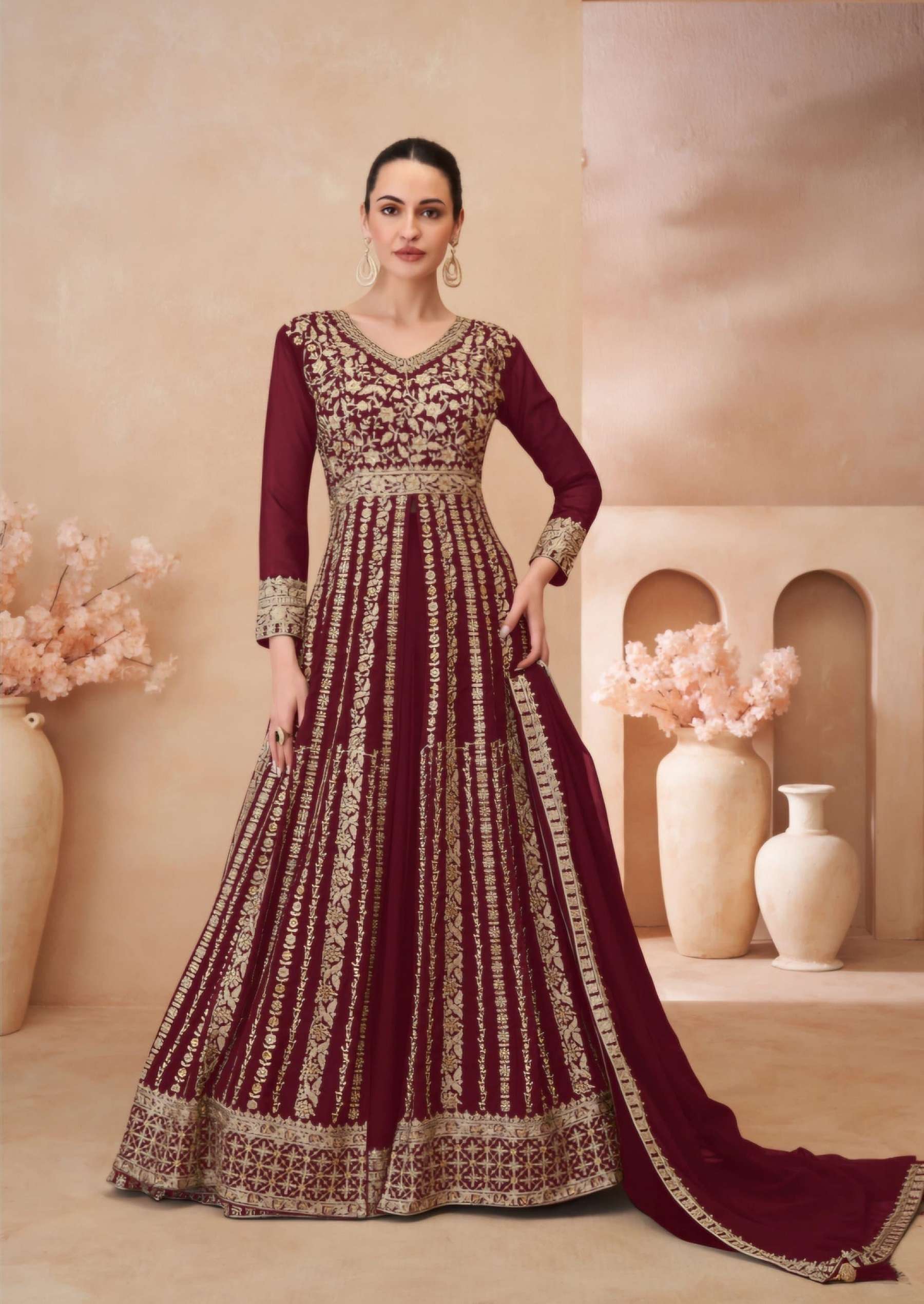 DESIGNER FANCY GEORGETTE LONG MAROON ANARKALI GOWN SALWAR SUIT NEW COLLECTION DST GLAMOUAR 3103