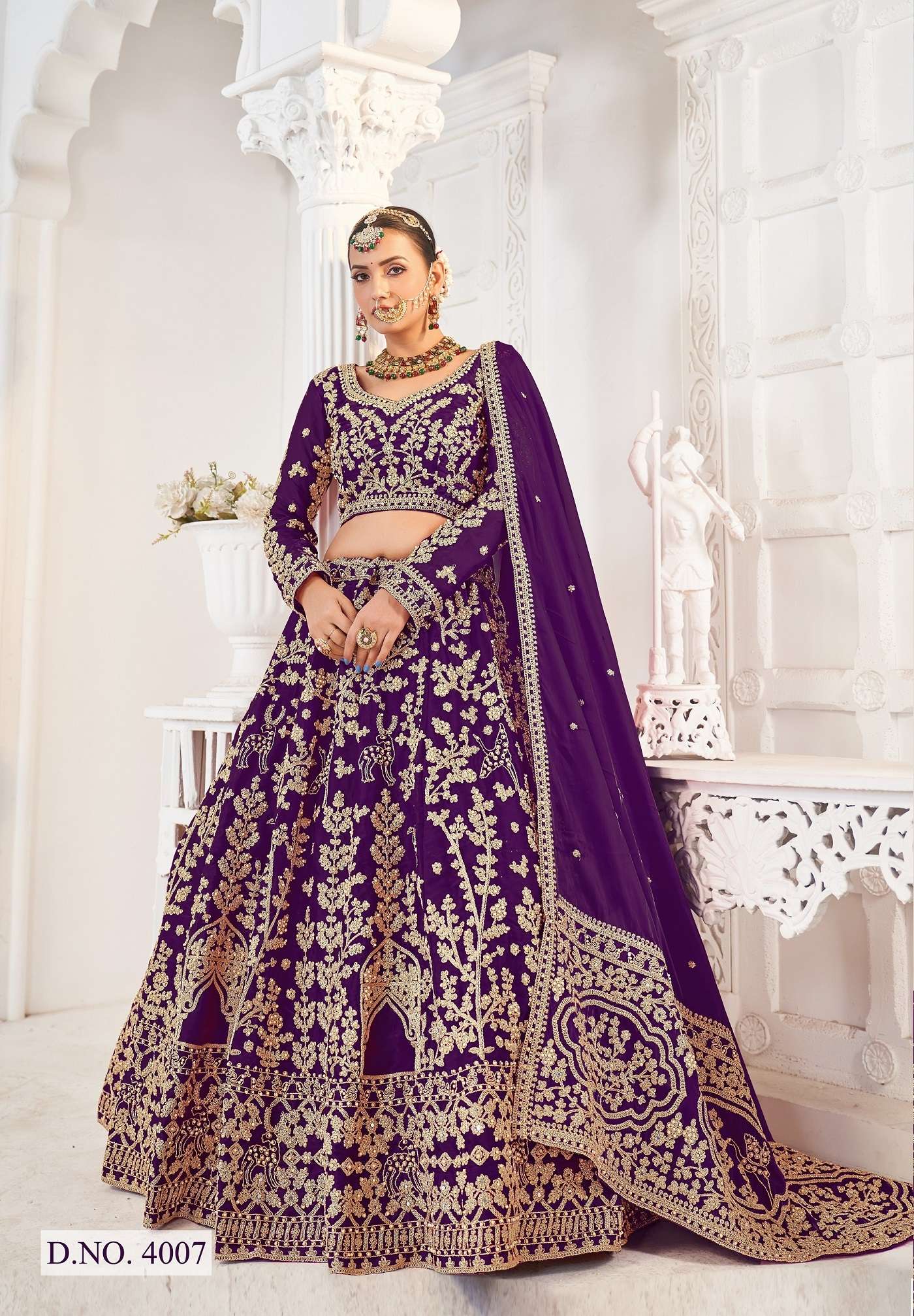 DESIGNER FANCY PARTY WEDDING BRIDAL WEAR PREMIUM PURPLE SILK LEHENGA SENHORA BIDAI 4007