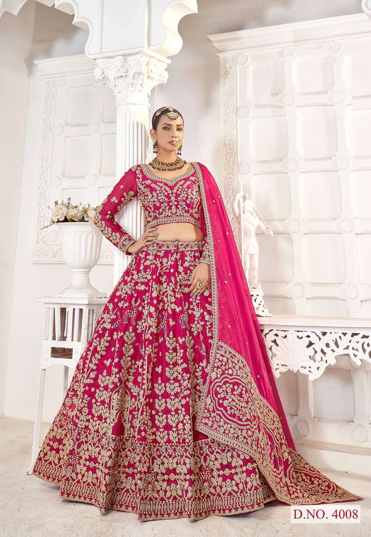 DESIGNER FANCY PARTY WEDDING BRIDAL WEAR PREMIUM PINK SILK LEHENGA SENHORA BIDAI 4008