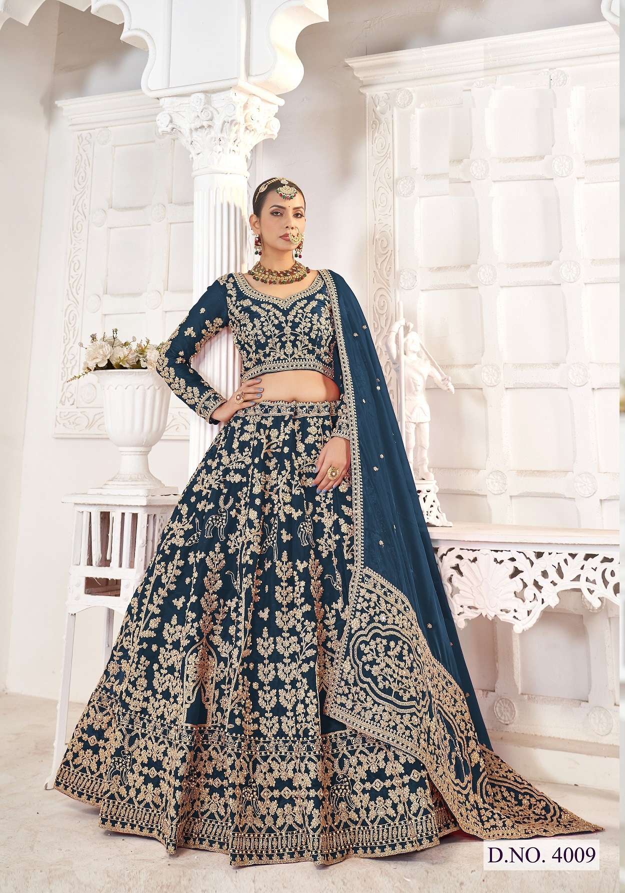 DESIGNER FANCY PARTY WEDDING BRIDAL WEAR PREMIUM TEAL BLUE SILK LEHENGA SENHORA BIDAI 4009