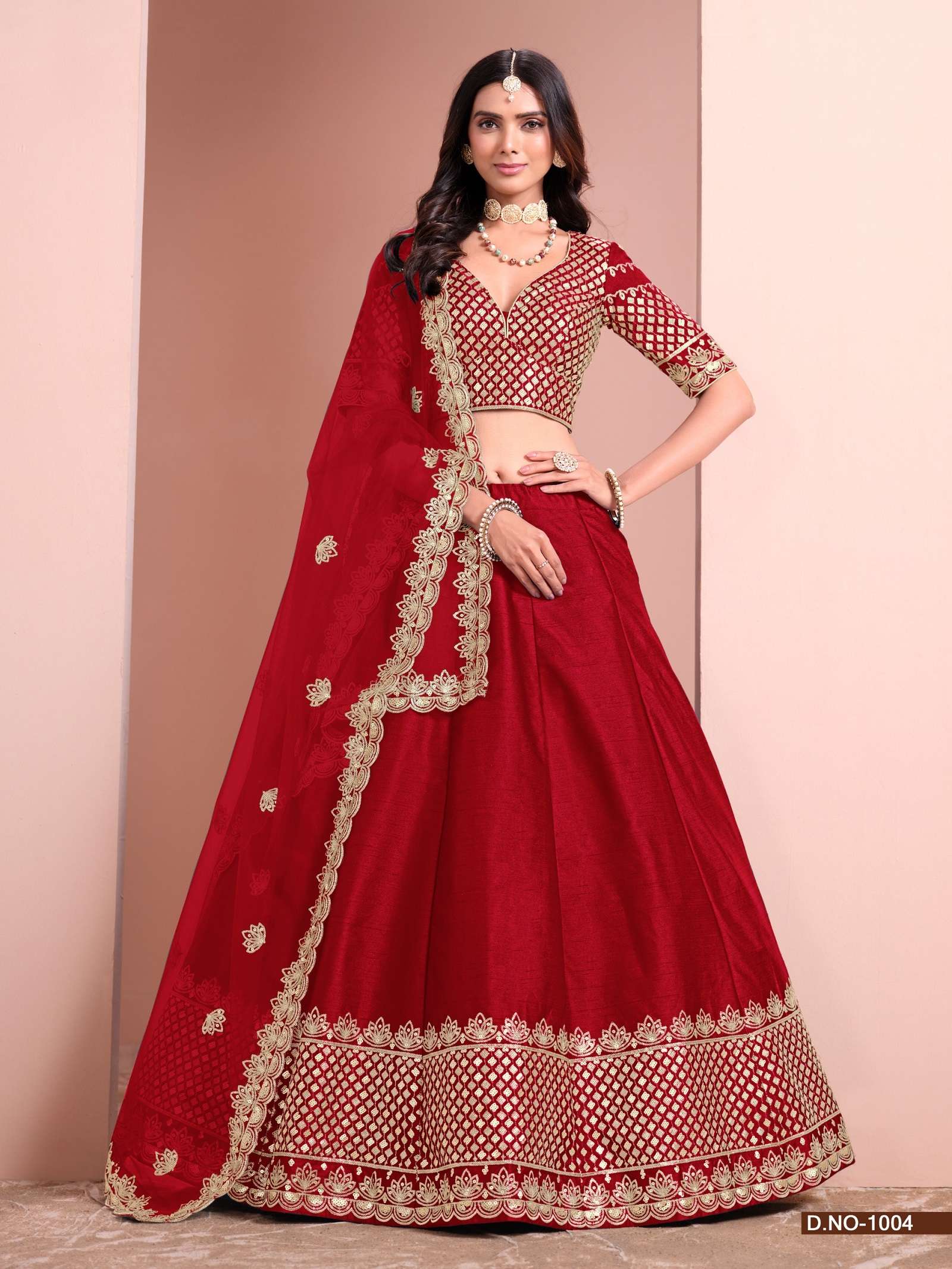 DESIGNER FANCY PARTY WEDDING BRIDAL WEAR RED SILK LEHENGA MEHVISH 1004