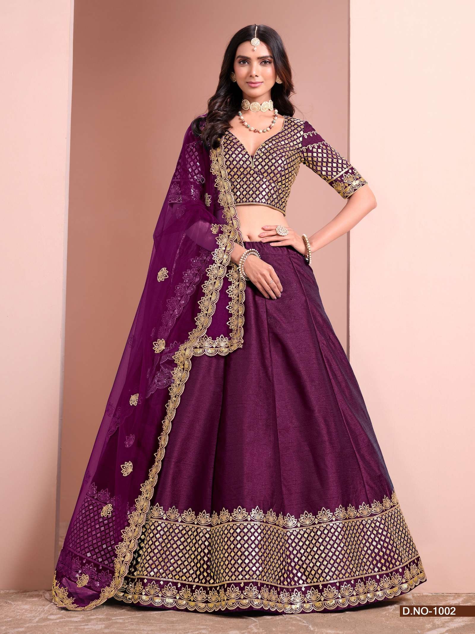 DESIGNER FANCY PARTY WEDDING BRIDAL WEAR WINE SILK LEHENGA MEHVISH 1002