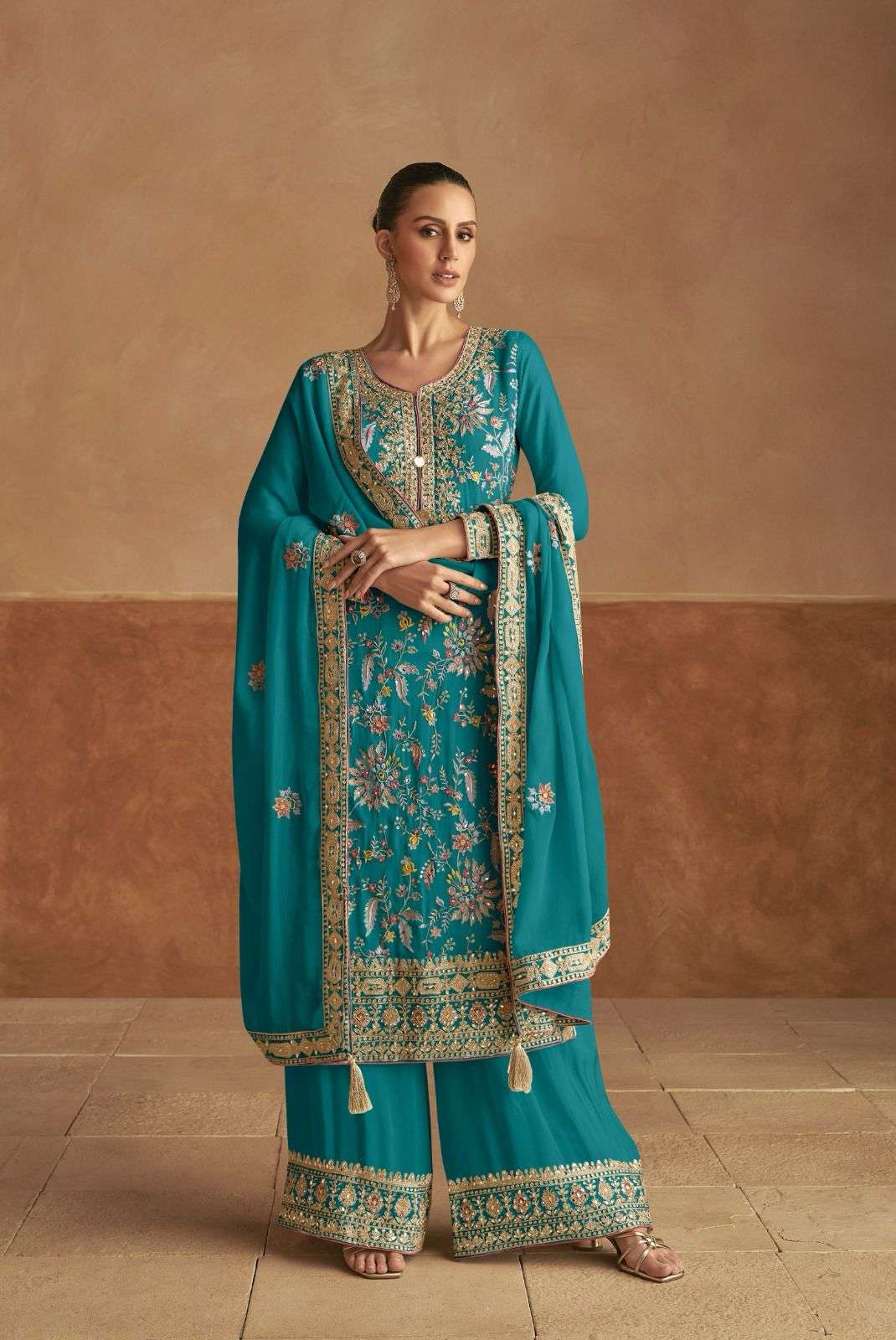 DESIGNER FANCY REAL CHINON BLUE SHARARA PALAZZO SALWAR SUIT NEW COLLECTION GL LAHZA 7474 C