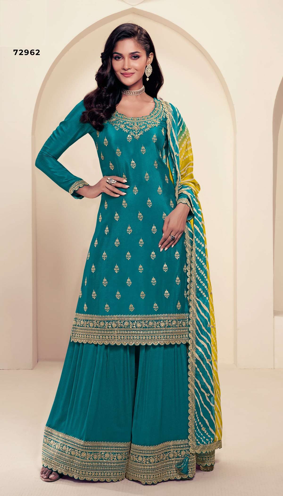 DESIGNER FANCY REAL CHINON BLUE SHARARA PALAZZO SALWAR SUIT VNY DST RANGPLUS 72962