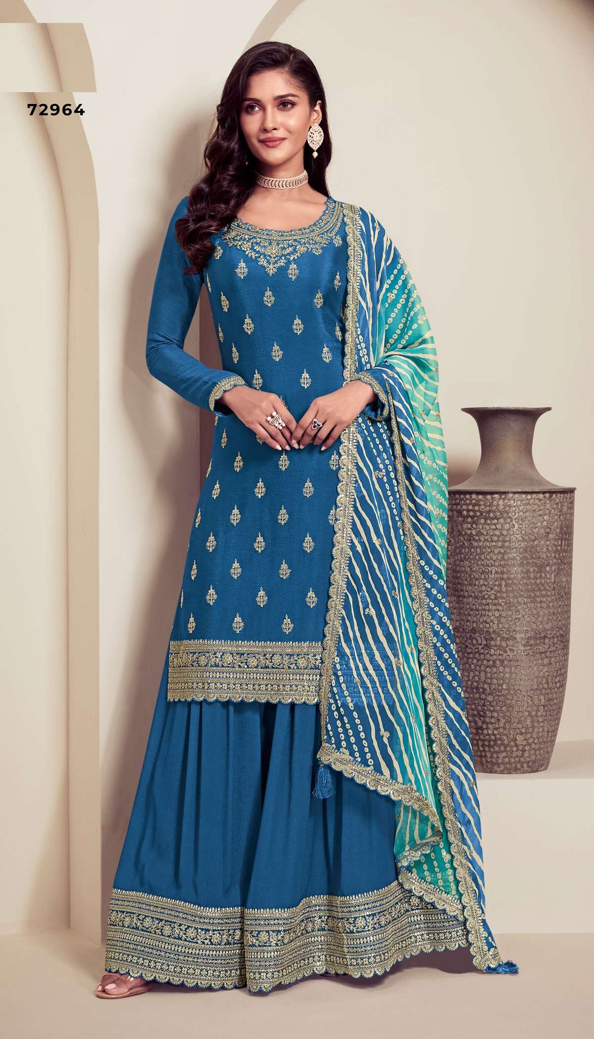 DESIGNER FANCY REAL CHINON BLUE SHARARA PALAZZO SALWAR SUIT VNY DST RANGPLUS 72964