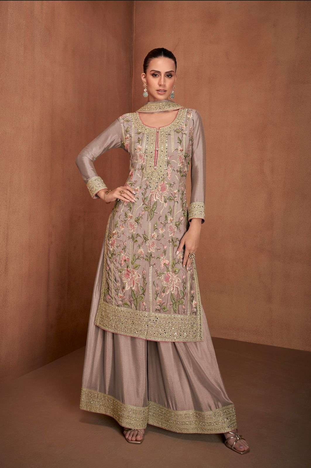 DESIGNER FANCY REAL CHINON GREY SHARARA PALAZZO SALWAR SUIT NEW COLLECTION RH 7478 C