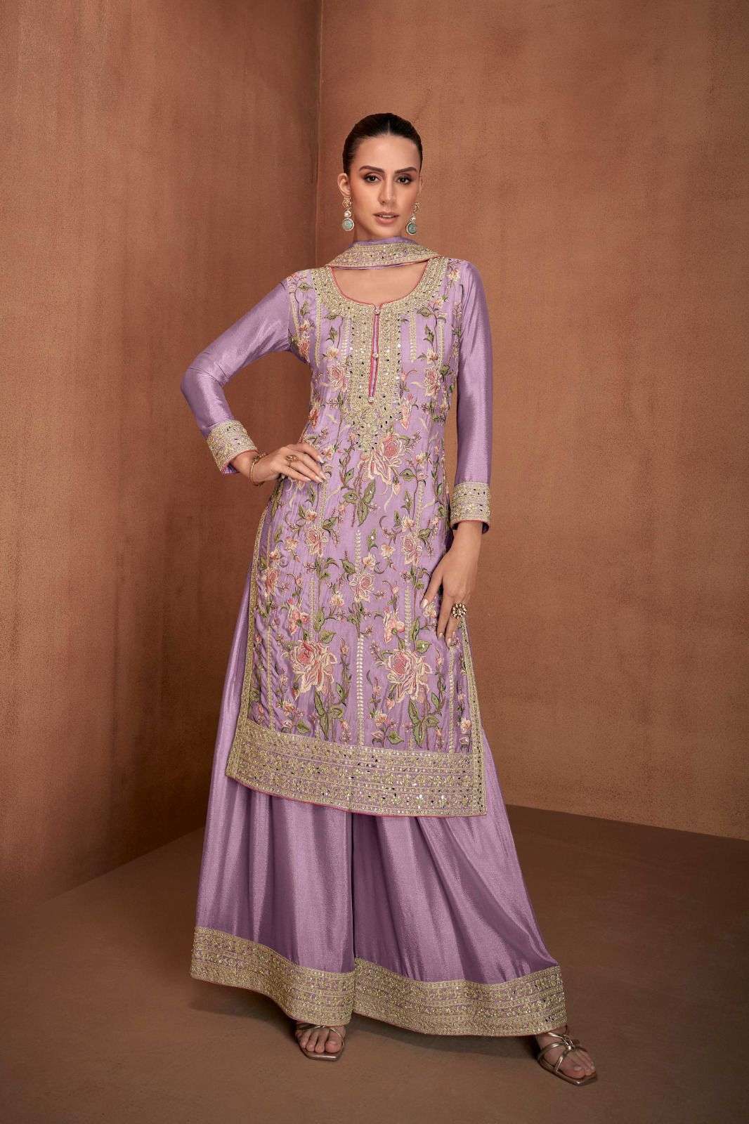 DESIGNER FANCY REAL CHINON LAVENDER SHARARA PALAZZO SALWAR SUIT NEW COLLECTION RH 7478 E