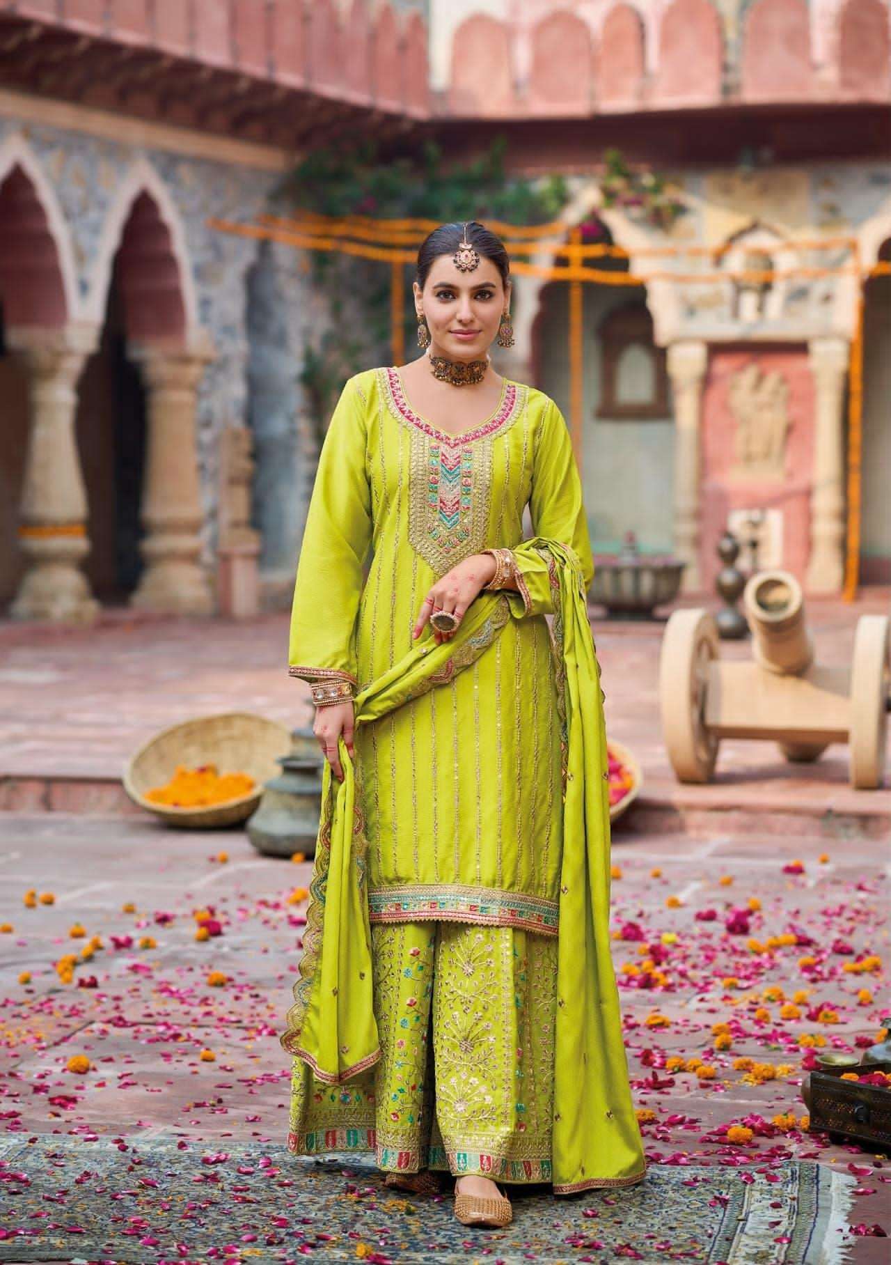 DESIGNER FANCY REAL CHINON LEMON YELLOW SHARARA PALAZZO SALWAR SUIT NEW COLLECTION DST EB SHEHNAAZ 1793