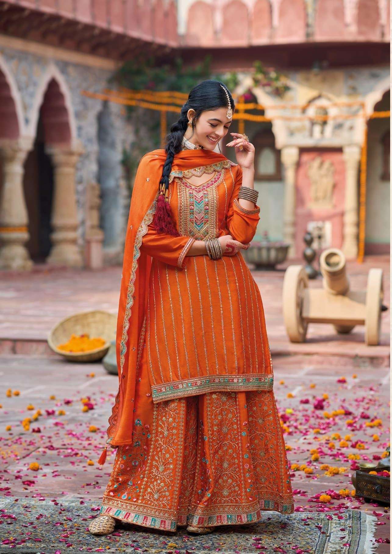 DESIGNER FANCY REAL CHINON ORANGE SHARARA PALAZZO SALWAR SUIT NEW COLLECTION DST EB SHEHNAAZ 1795