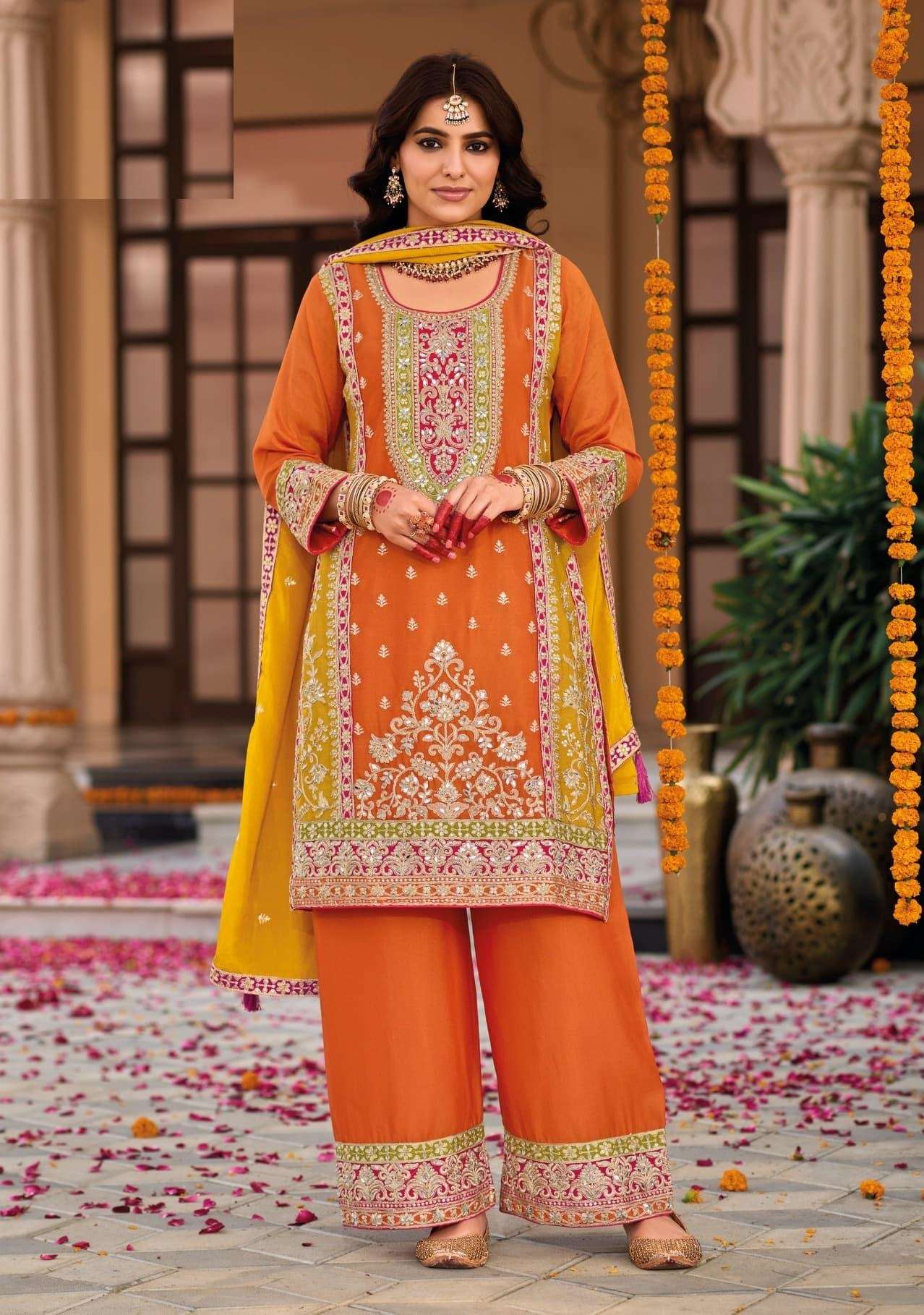 DESIGNER FANCY REAL CHINON ORANGE SHARARA PALAZZO SALWAR SUIT NEW COLLECTION DST EBA SWARA 1845