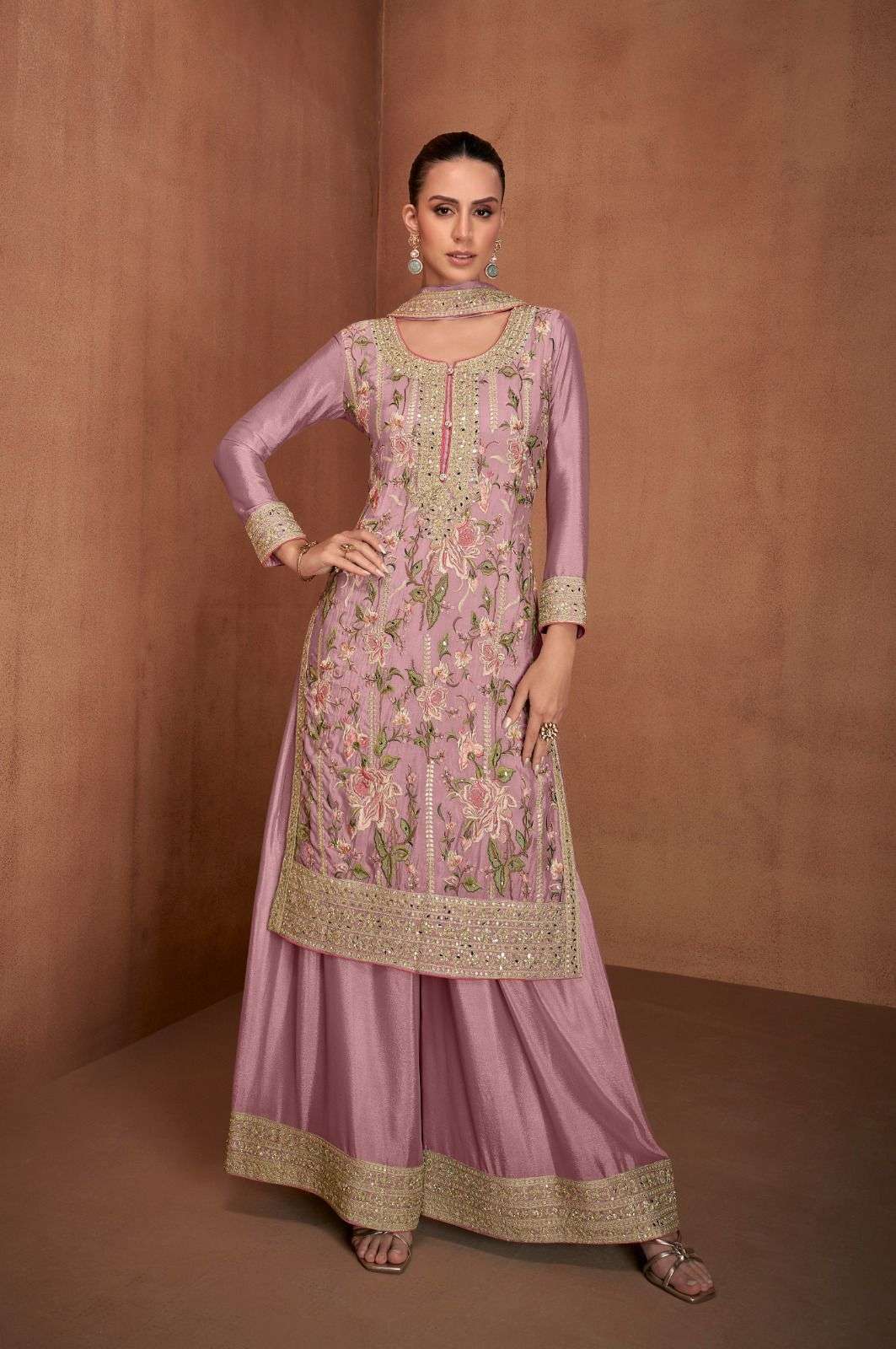 DESIGNER FANCY REAL CHINON PEACH SHARARA PALAZZO SALWAR SUIT NEW COLLECTION RH 7478 B