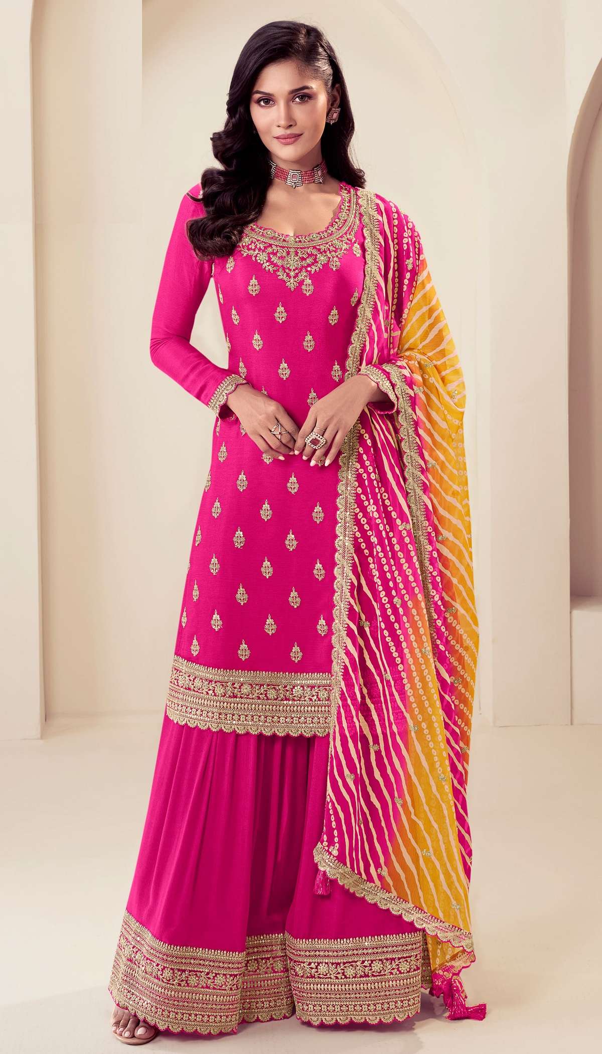 DESIGNER FANCY REAL CHINON PINK SHARARA PALAZZO SALWAR SUIT VNY DST RANGPLUS 72961