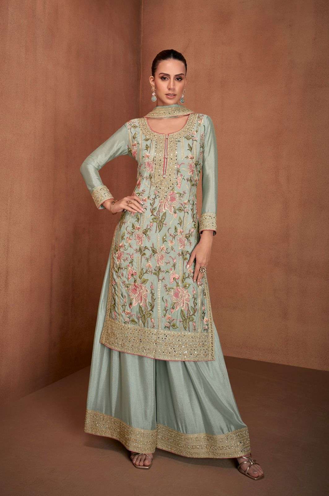 DESIGNER FANCY REAL CHINON PISTA GREEN SHARARA PALAZZO SALWAR SUIT NEW COLLECTION RH 7478 A