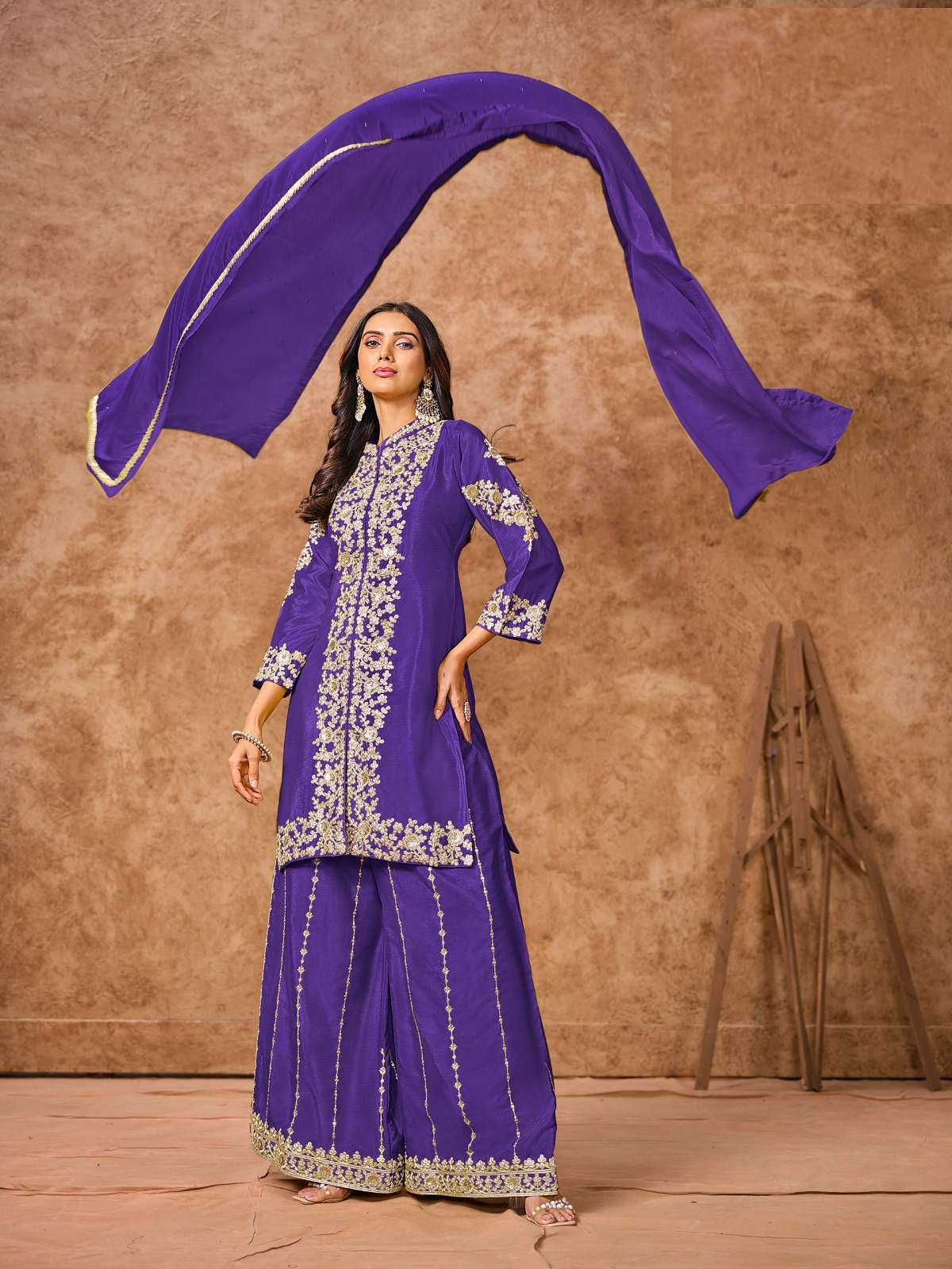 DESIGNER FANCY REAL CHINON PURPLE SHARARA PALAZZO SALWAR SUIT NEW COLLECTION ANY 215 B