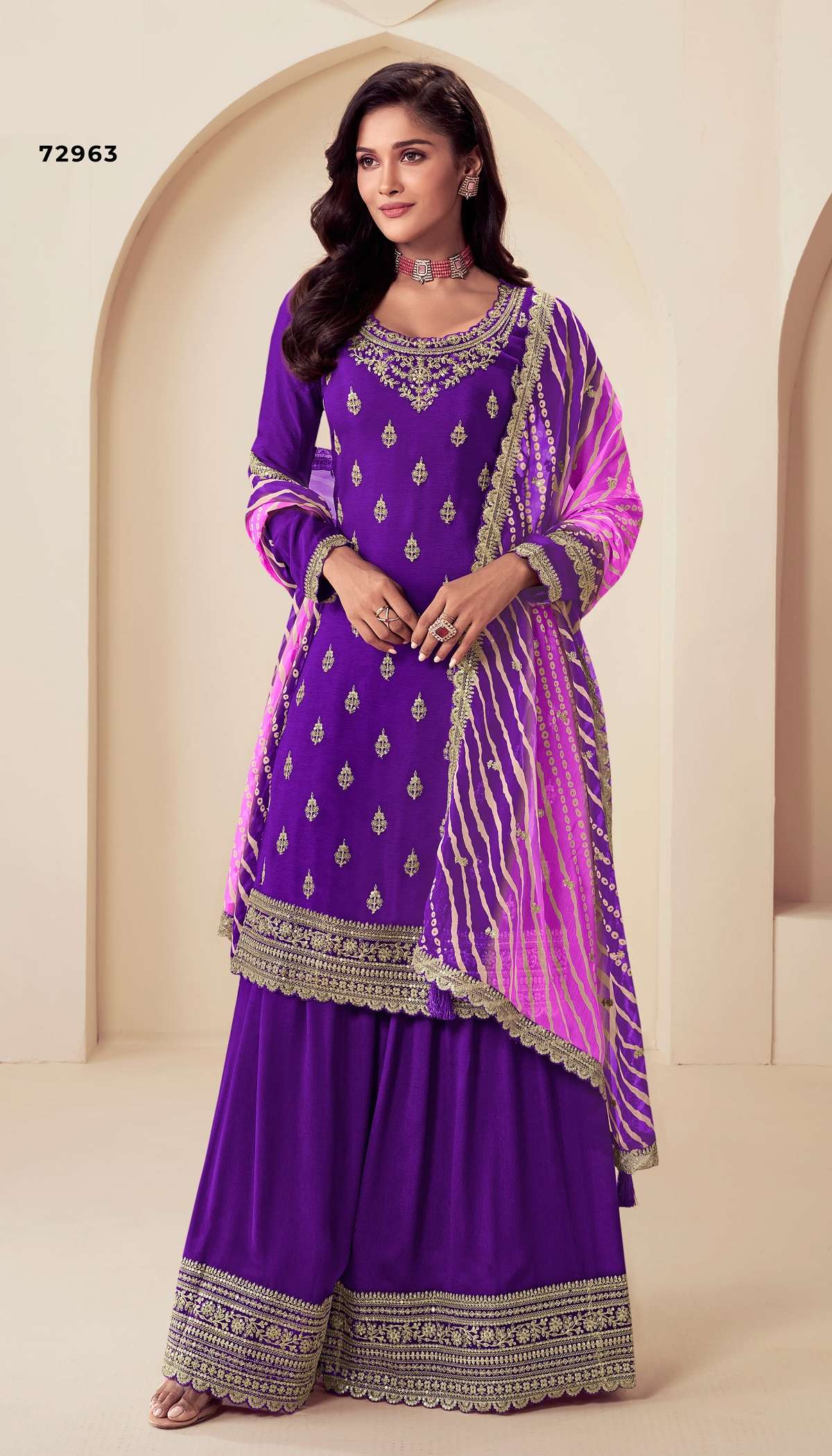 DESIGNER FANCY REAL CHINON PURPLE SHARARA PALAZZO SALWAR SUIT VNY DST RANGPLUS 72963