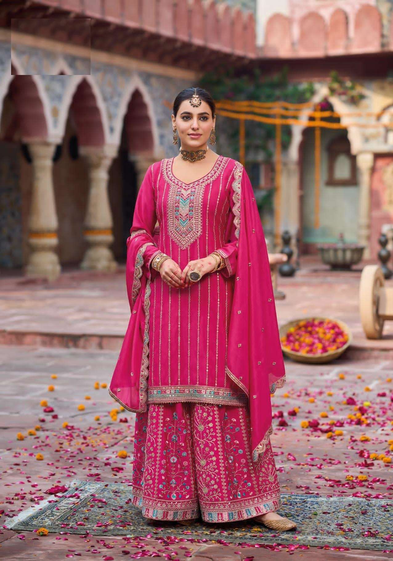 DESIGNER FANCY REAL CHINON RANI PINK SHARARA PALAZZO SALWAR SUIT NEW COLLECTION DST EB SHEHNAAZ 1796