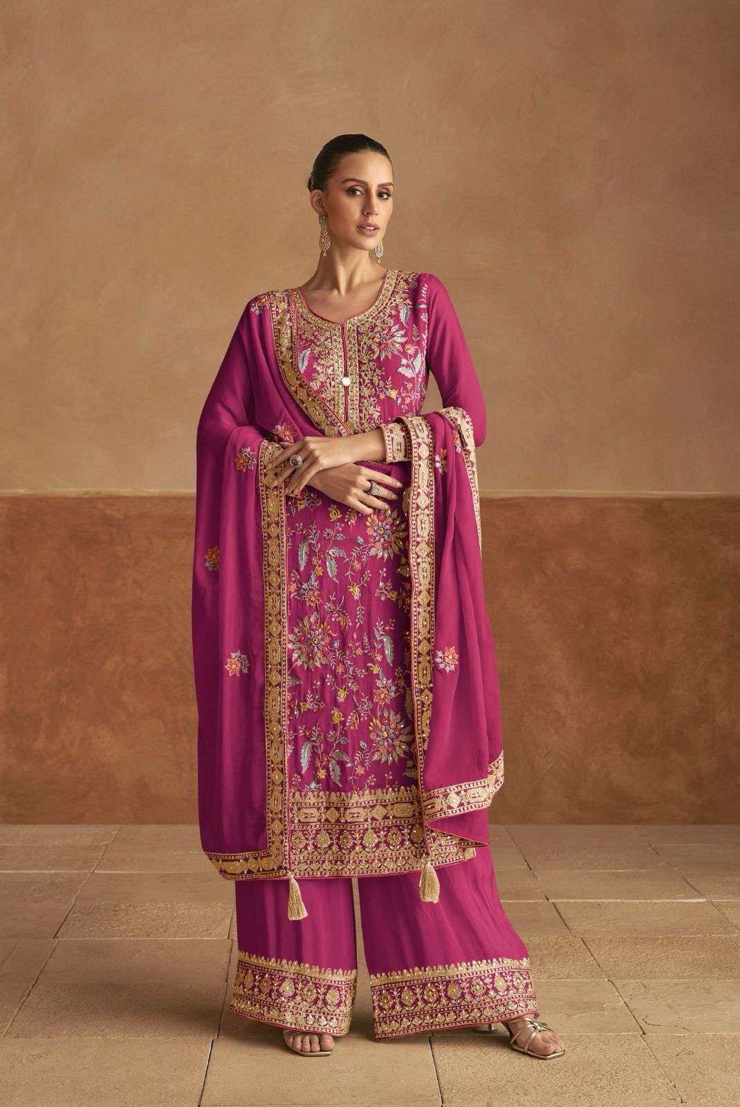 DESIGNER FANCY REAL CHINON RANI PINK SHARARA PALAZZO SALWAR SUIT NEW COLLECTION GL LAHZA 7474 E