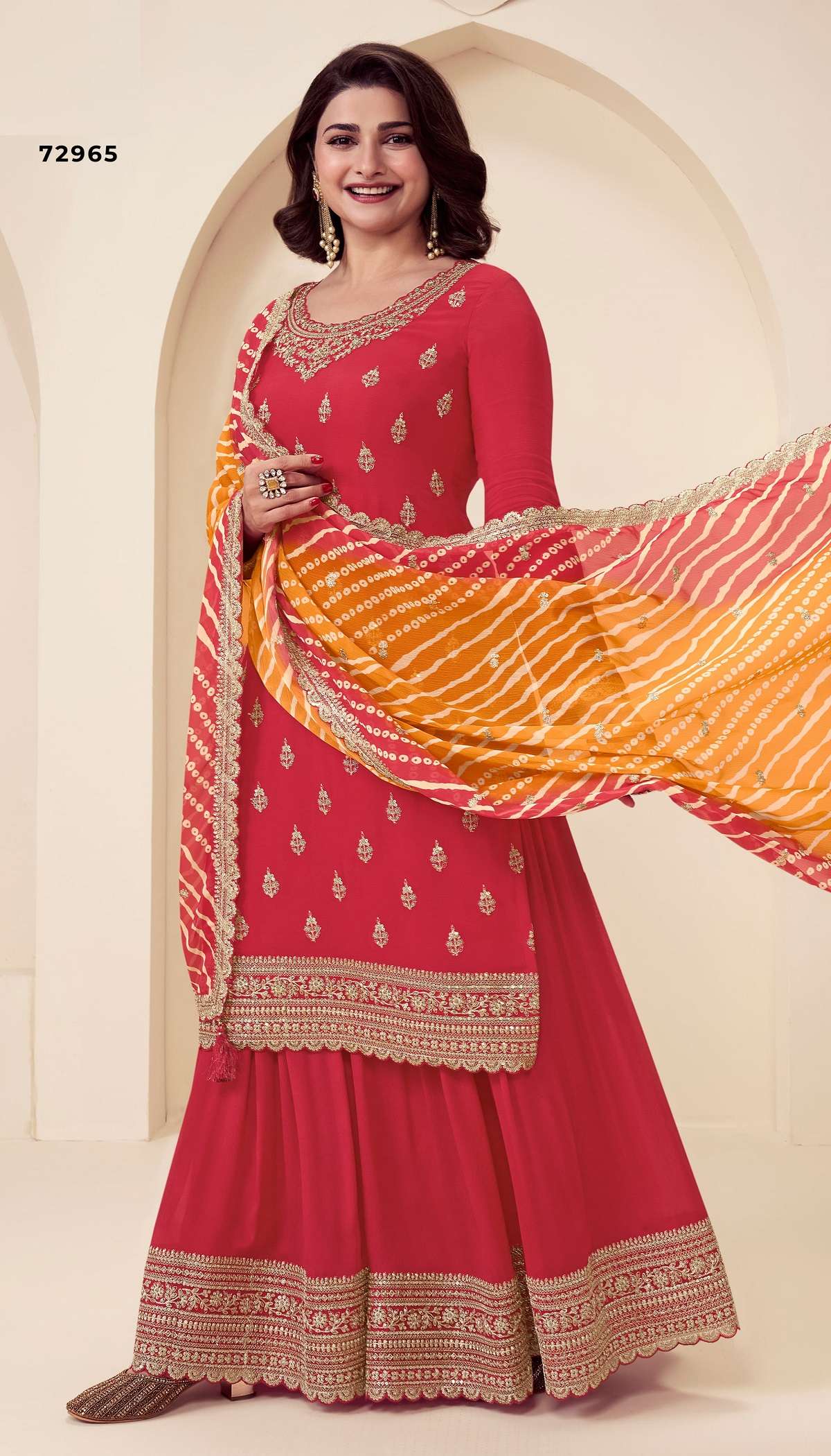 DESIGNER FANCY REAL CHINON RED SHARARA PALAZZO SALWAR SUIT VNY DST RANGPLUS 72965