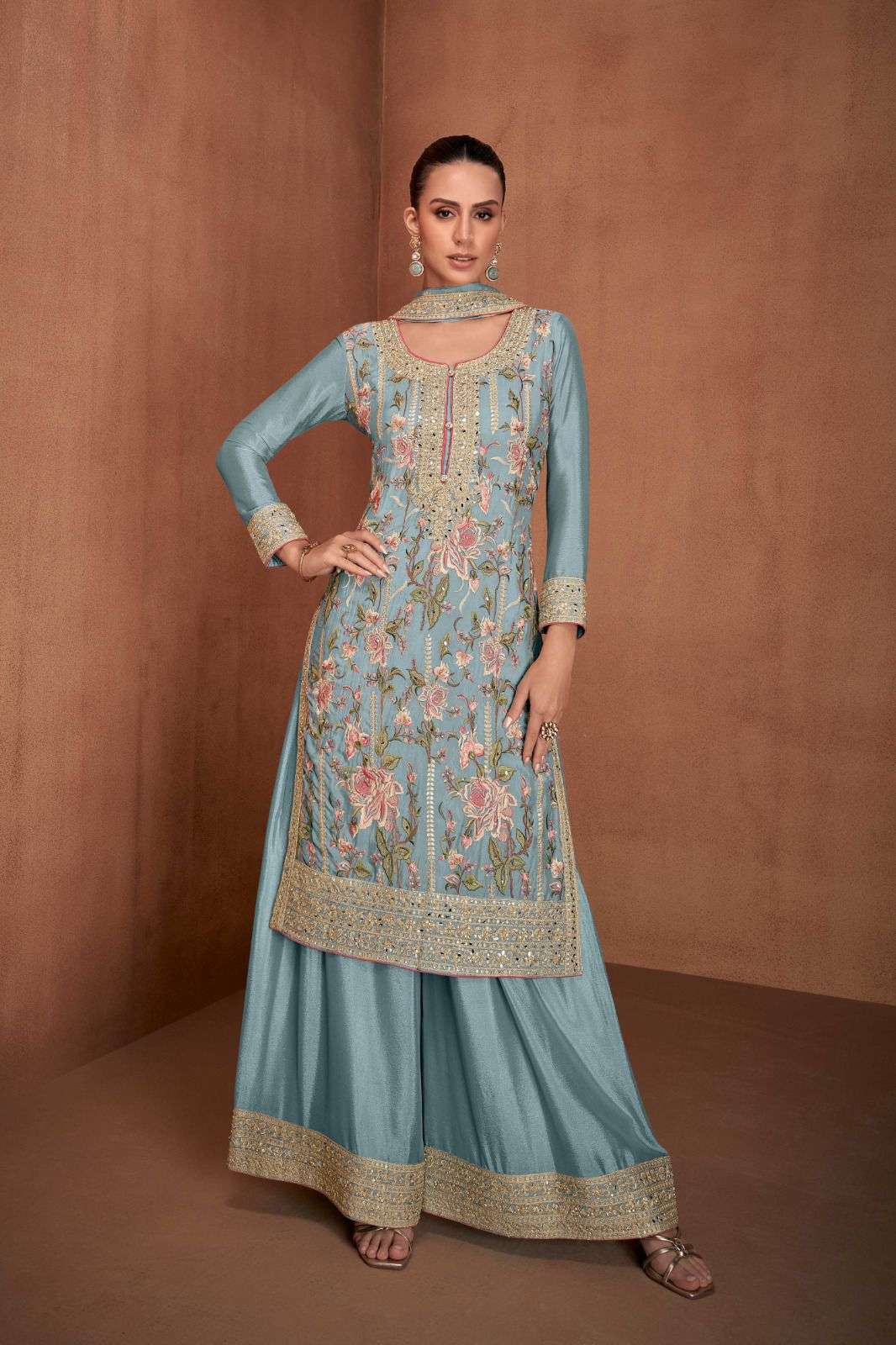 DESIGNER FANCY REAL CHINON SKY BLUE SHARARA PALAZZO SALWAR SUIT NEW COLLECTION RH 7478 D