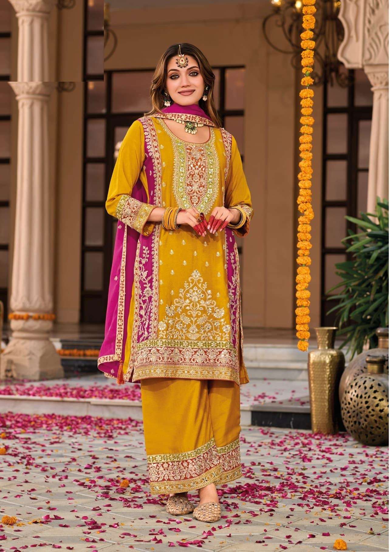 DESIGNER FANCY REAL CHINON YELLOW SHARARA PALAZZO SALWAR SUIT NEW COLLECTION DST EBA SWARA 1847