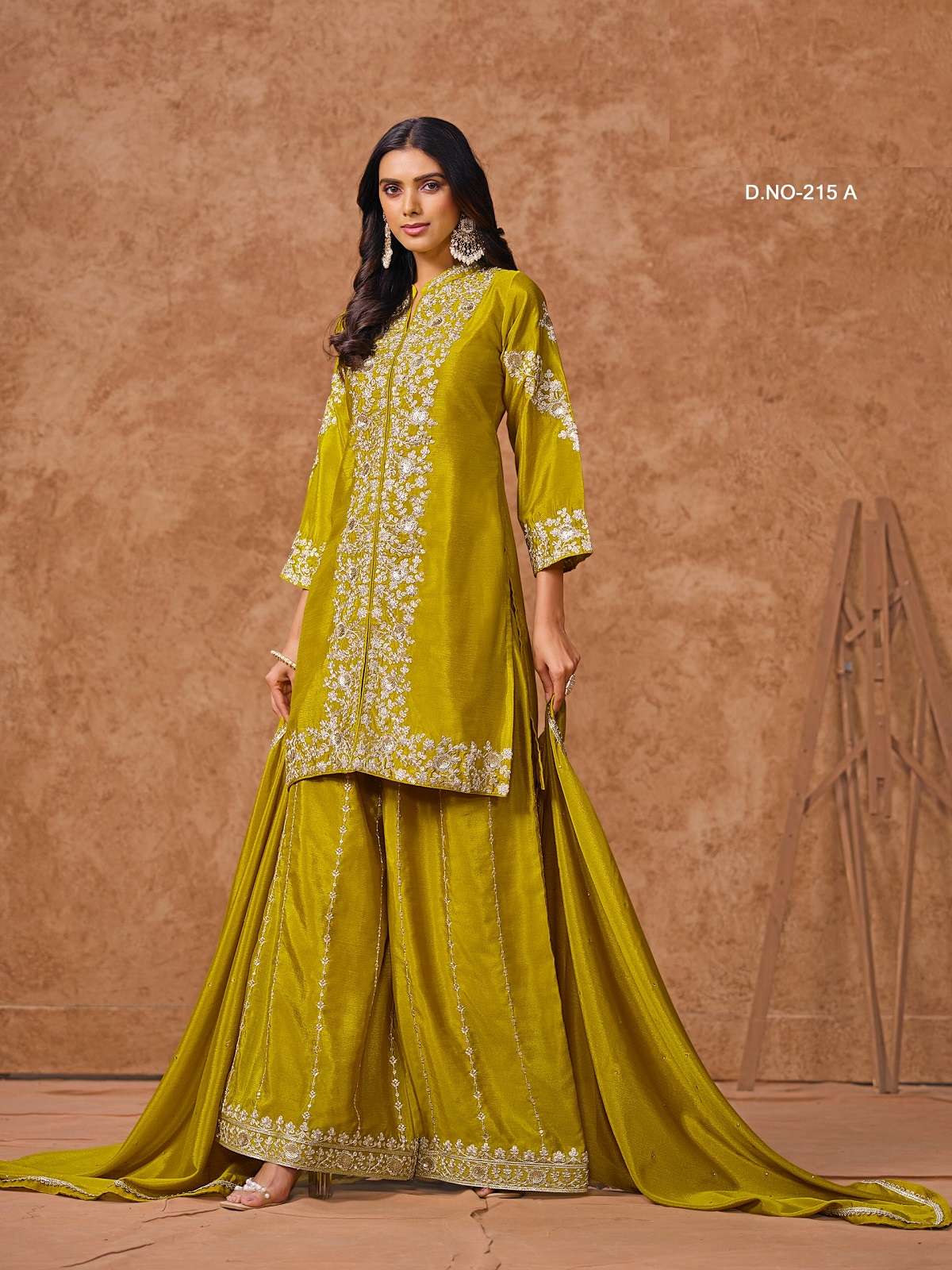 DESIGNER FANCY REAL CHINON YELLOW SHARARA PALAZZO SALWAR SUIT NEW COLLECTION ANY 215 A