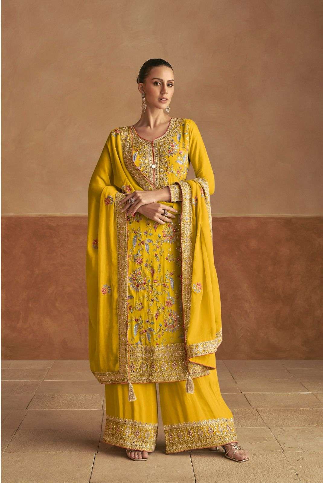 DESIGNER FANCY REAL CHINON YELLOW SHARARA PALAZZO SALWAR SUIT NEW COLLECTION GL LAHZA 7474 B