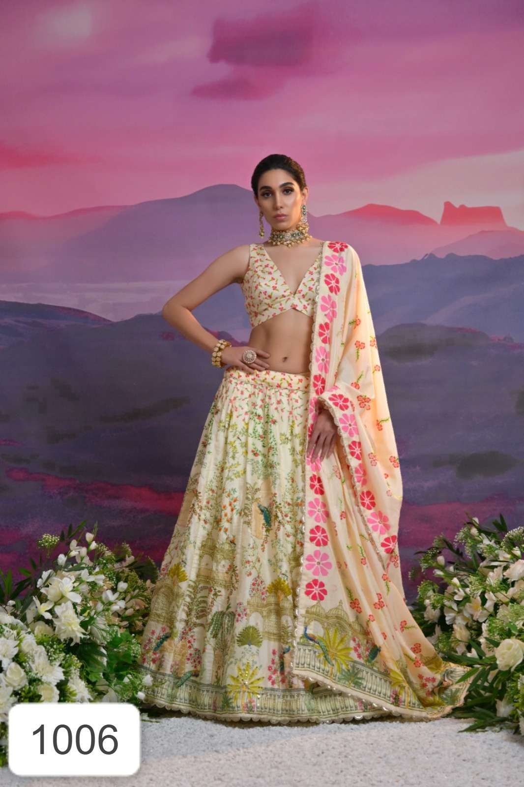 DESIGNER FANCY WEDDING PART WEAR GAAJI RUSSIAN SILK BEIGE LEHENGA CHOLI WITH GOTA PATTI AND SEQUENCE WORK SM SHLOKA 1006