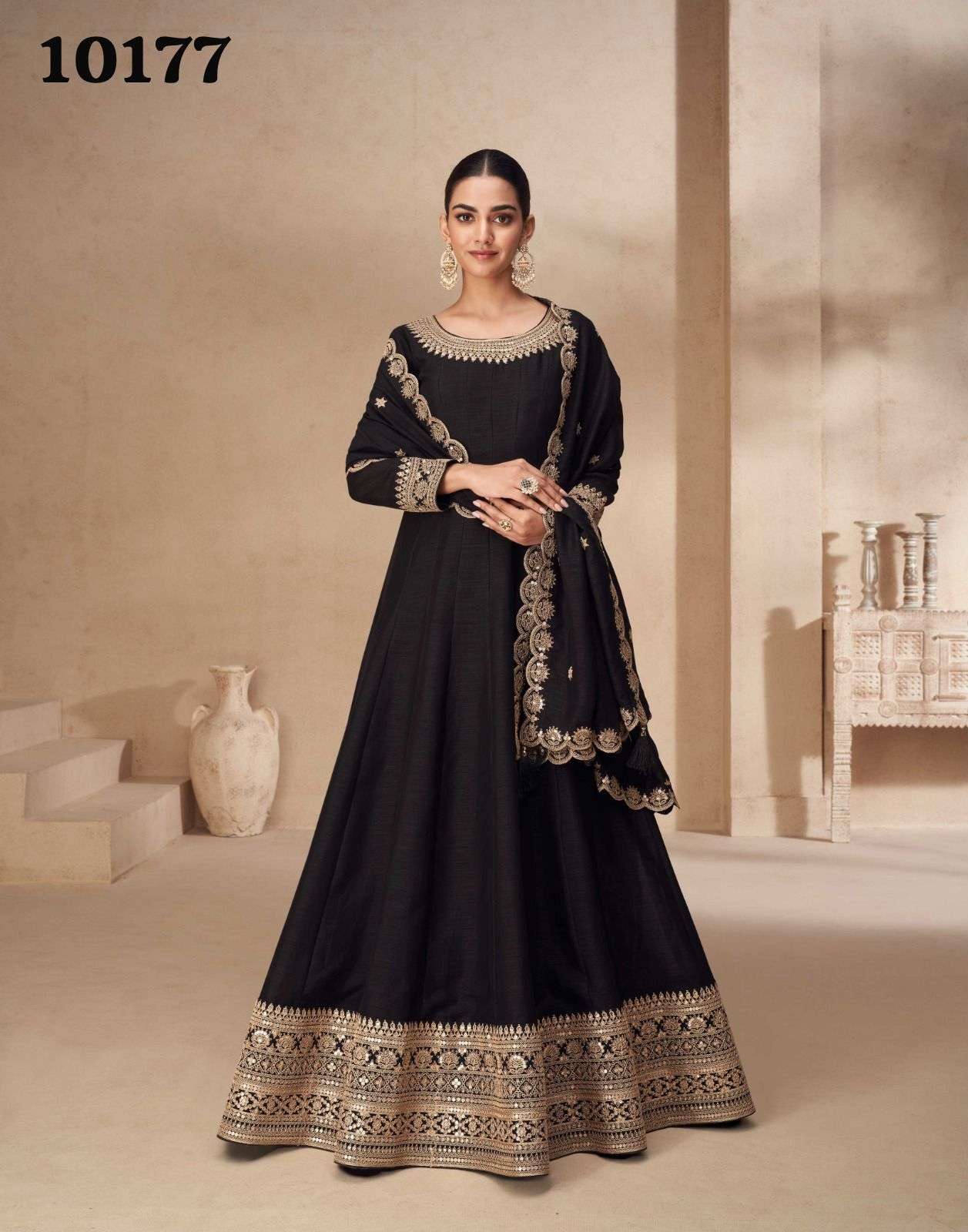 DESIGNER FANCY WEDDING PARTY WEAR BLACK SILK ANARKALI GOWN SALWAR SUIT AF AKSHARA 10177