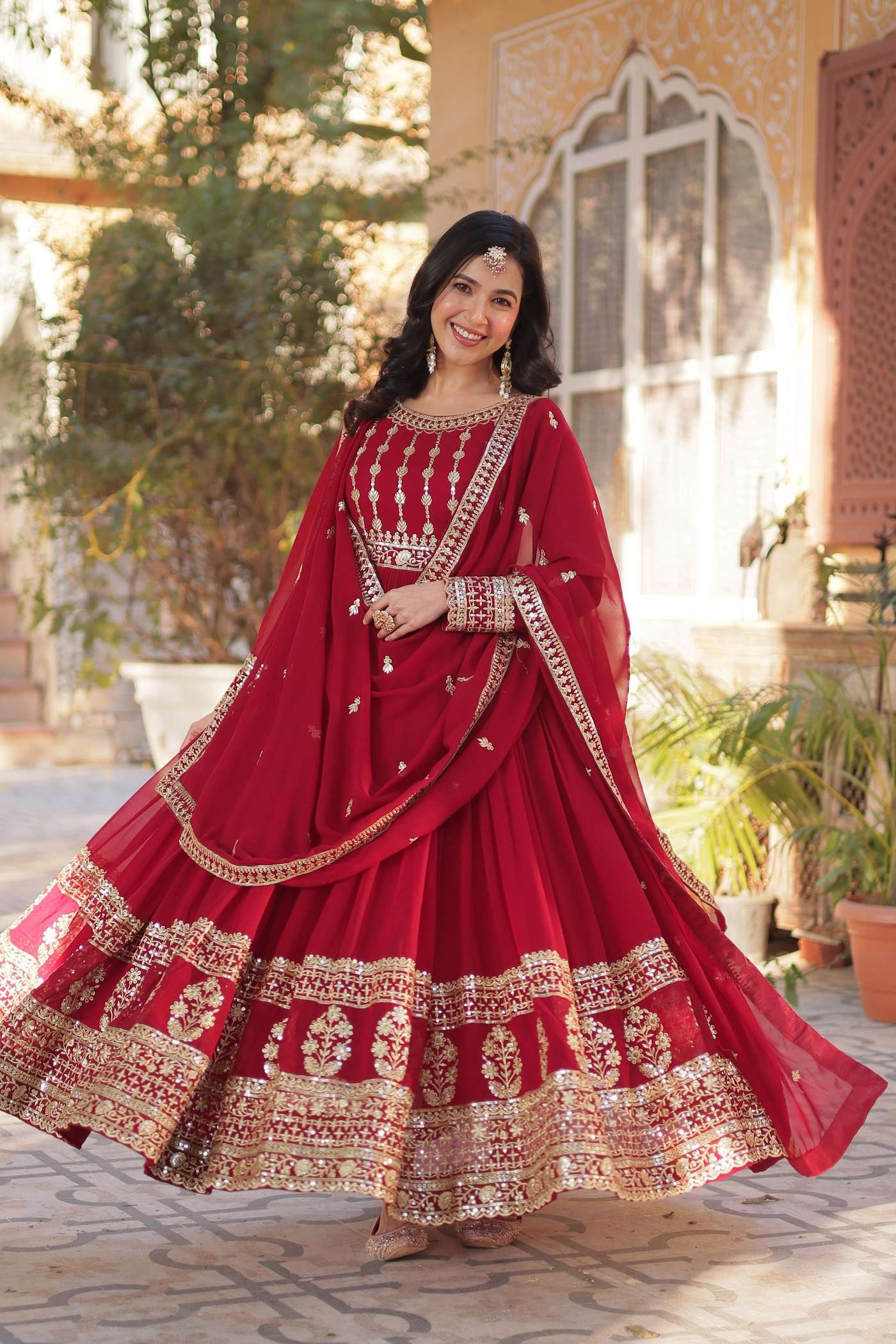 DESIGNER FANCY WEDDING PARTY WEAR BLOOMING GEORGETTE RED ANARKALI GOWN SALWAR SUIT LW 9219 B