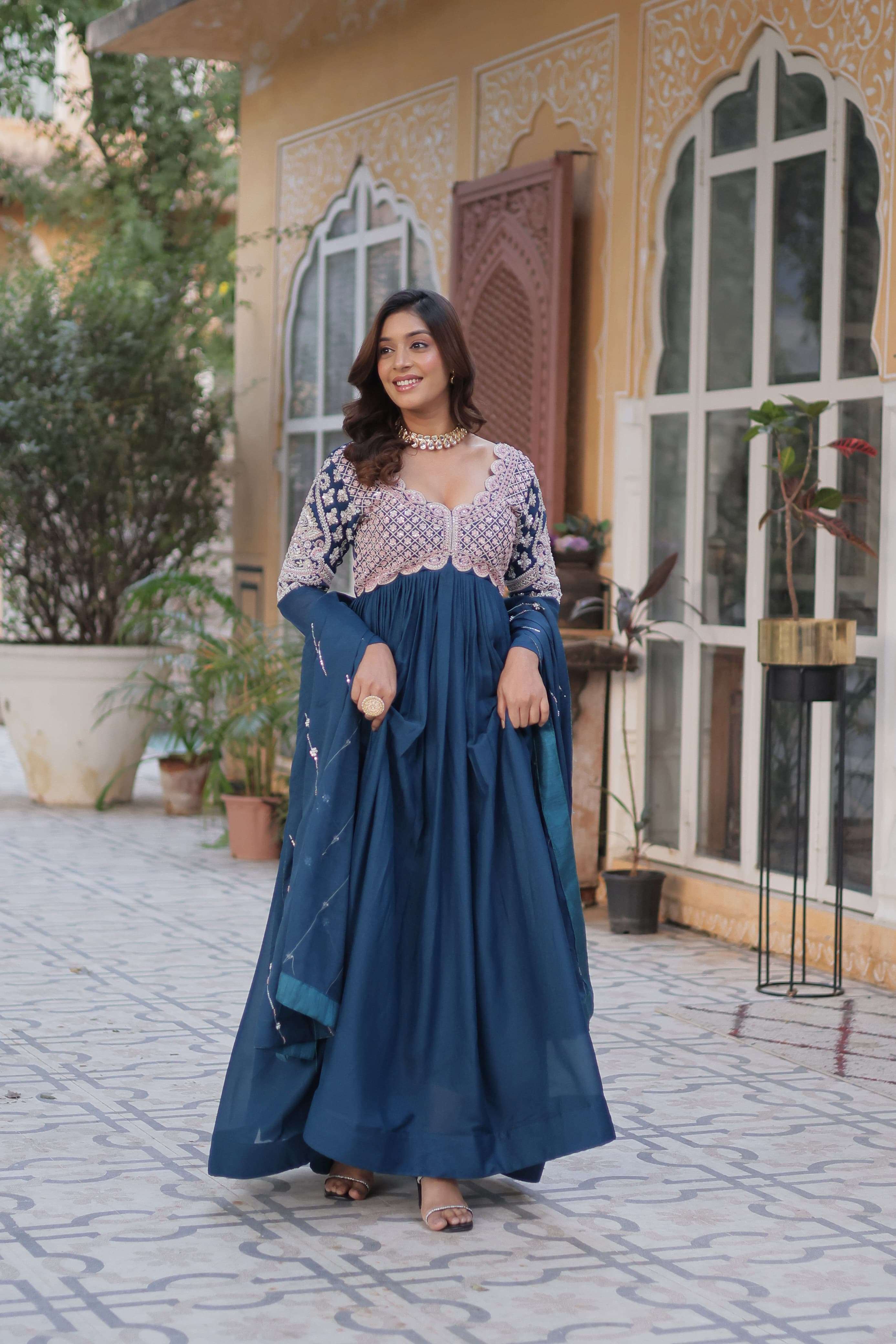 DESIGNER FANCY WEDDING PARTY WEAR FAUX GEORGETTE BLUE ANARKALI GOWN SALWAR SUIT PC 1150 A