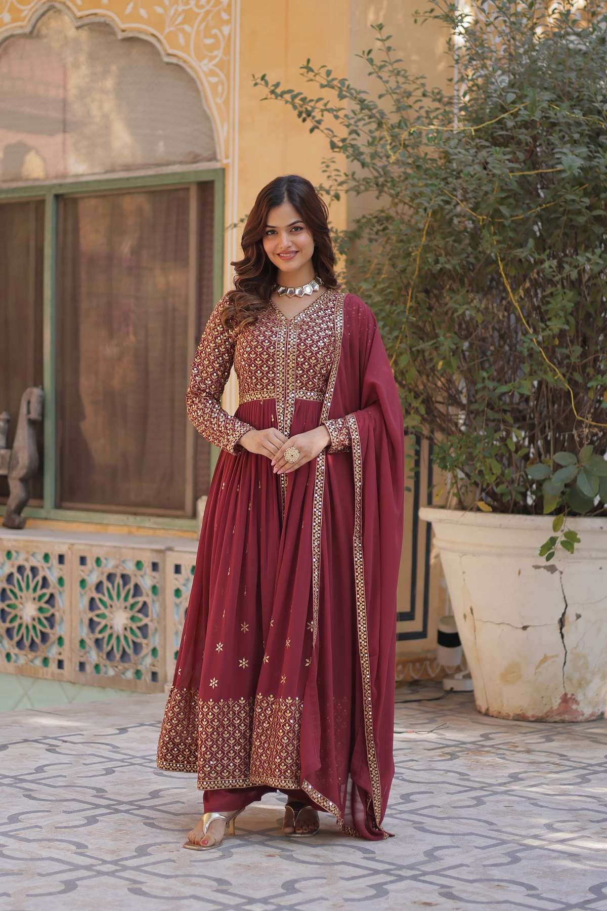 DESIGNER FANCY WEDDING PARTY WEAR FAUX GEORGETTE DARK RED ANARKALI GOWN SALWAR SUIT PC 1149 B