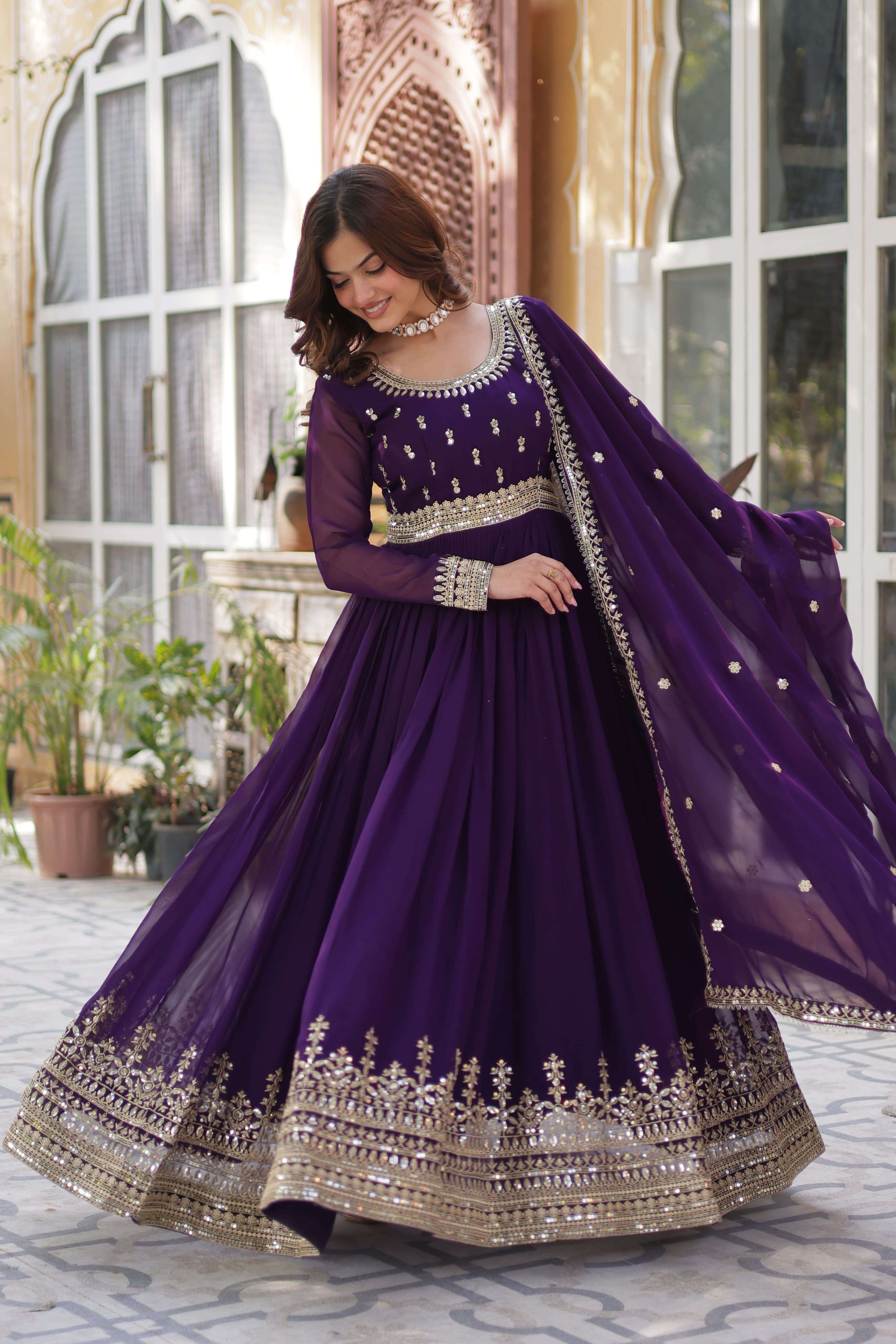 DESIGNER FANCY WEDDING PARTY WEAR FAUX GEORGETTE PURPLE ANARKALI GOWN SALWAR SUIT PC 1144 B