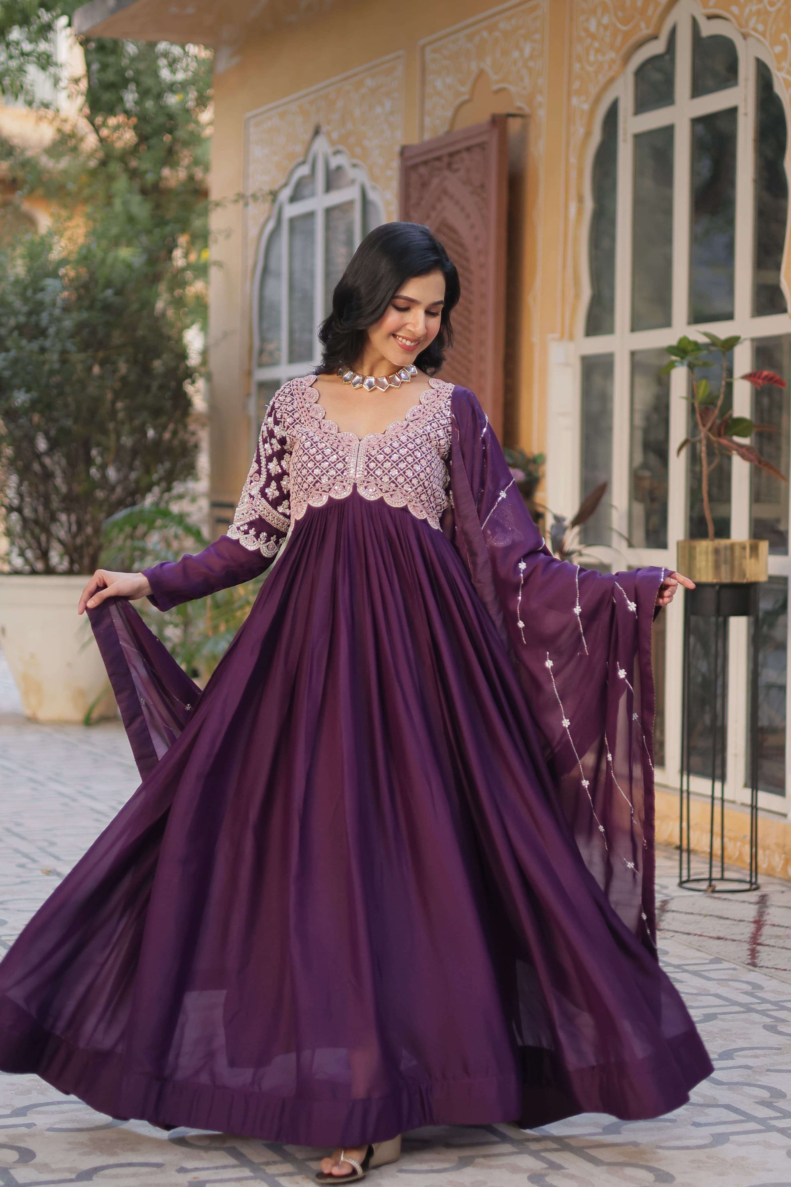 DESIGNER FANCY WEDDING PARTY WEAR FAUX GEORGETTE PURPLE ANARKALI GOWN SALWAR SUIT PC 1150 B