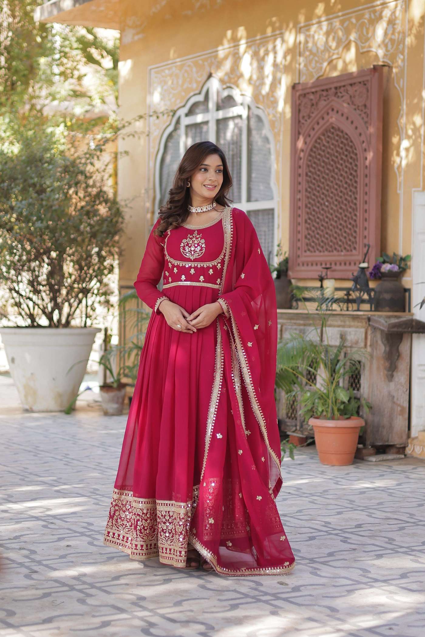 DESIGNER FANCY WEDDING PARTY WEAR FAUX GEORGETTE RED ANARKALI GOWN SALWAR SUIT PC 9218 B