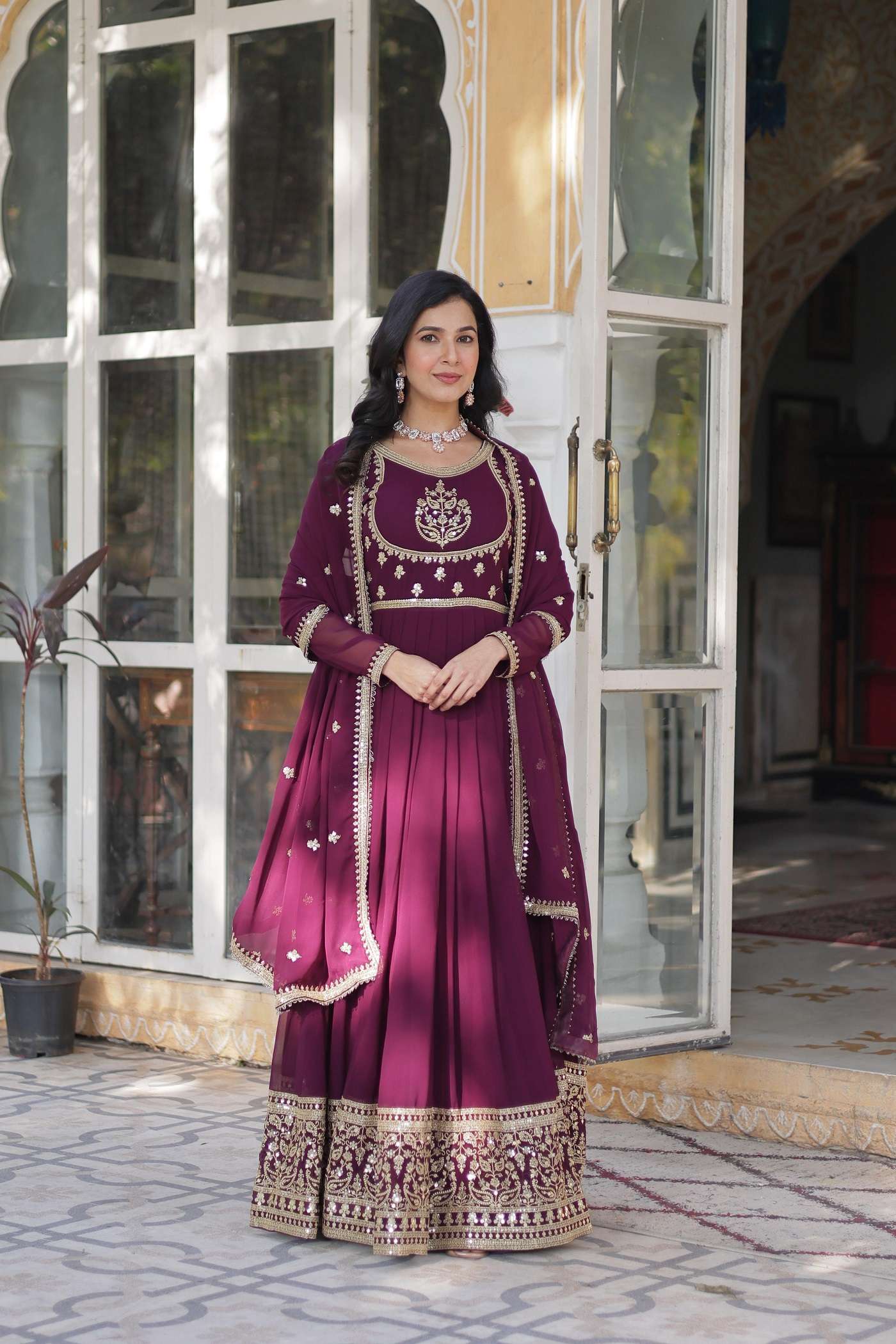 DESIGNER FANCY WEDDING PARTY WEAR FAUX GEORGETTE WINE MAGENTA ANARKALI GOWN SALWAR SUIT PC 9218 A