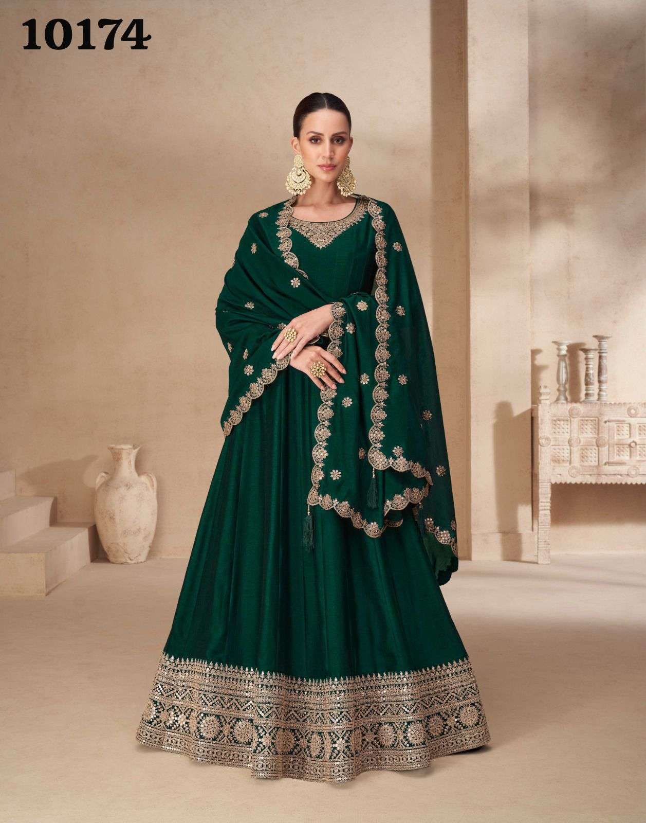 DESIGNER FANCY WEDDING PARTY WEAR GREEN SILK ANARKALI GOWN SALWAR SUIT AF AKSHARA 10174