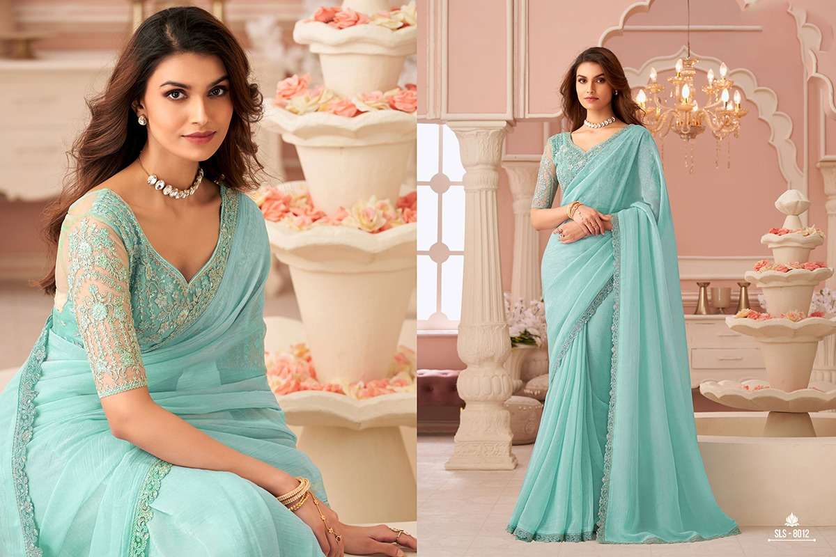 DESIGNER FANCY WEDDING PARTY WEAR INDIAN AQUA BLUE GEORGETTE SAREE COLLECTION SM TFH 8012