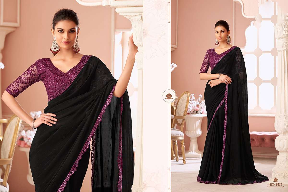 DESIGNER FANCY WEDDING PARTY WEAR INDIAN BLACK GEORGETTE SAREE COLLECTION SM TFH 8003