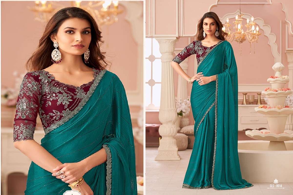 DESIGNER FANCY WEDDING PARTY WEAR INDIAN BLUE GEORGETTE SAREE COLLECTION SM TFH 8014