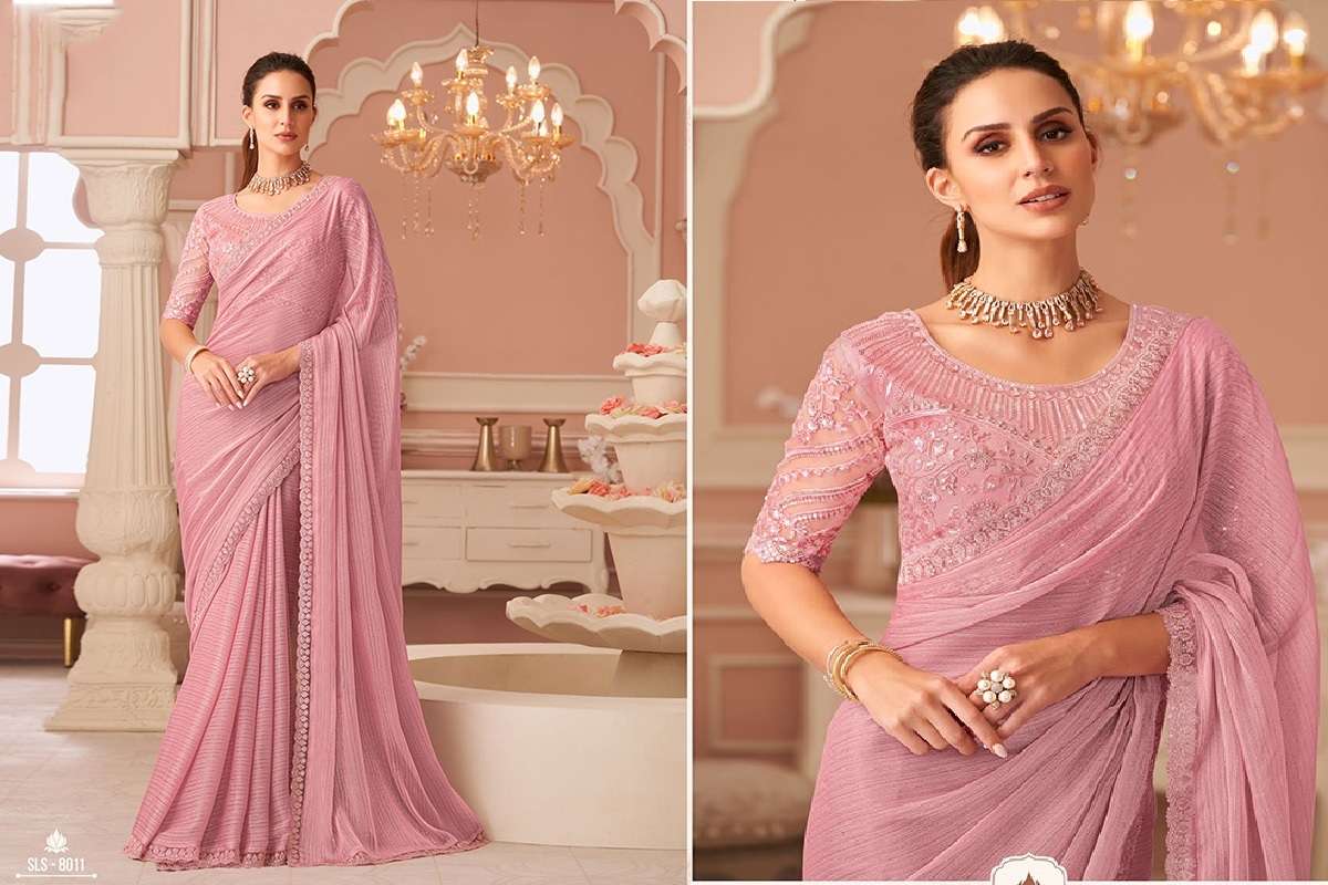 DESIGNER FANCY WEDDING PARTY WEAR INDIAN PINK GEORGETTE SAREE COLLECTION SM TFH 8011