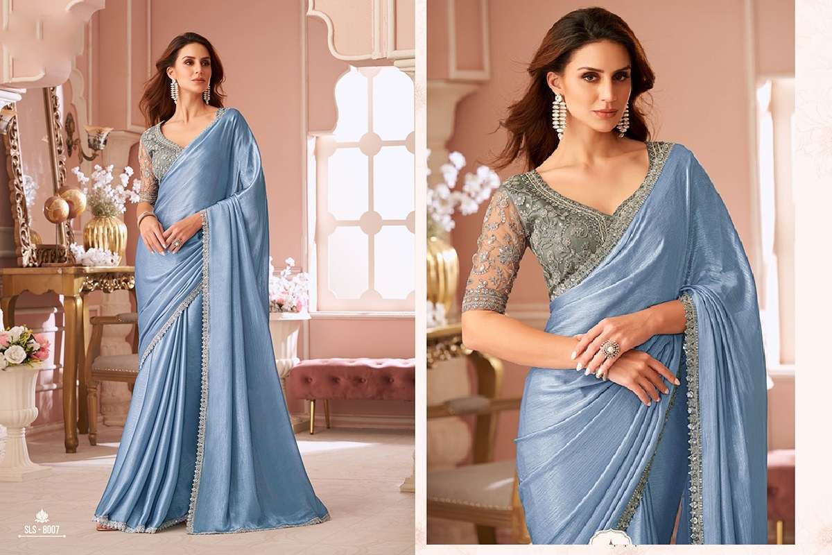 DESIGNER FANCY WEDDING PARTY WEAR INDIAN SKLY BLUE GEORGETTE SAREE COLLECTION SM TFH 8007