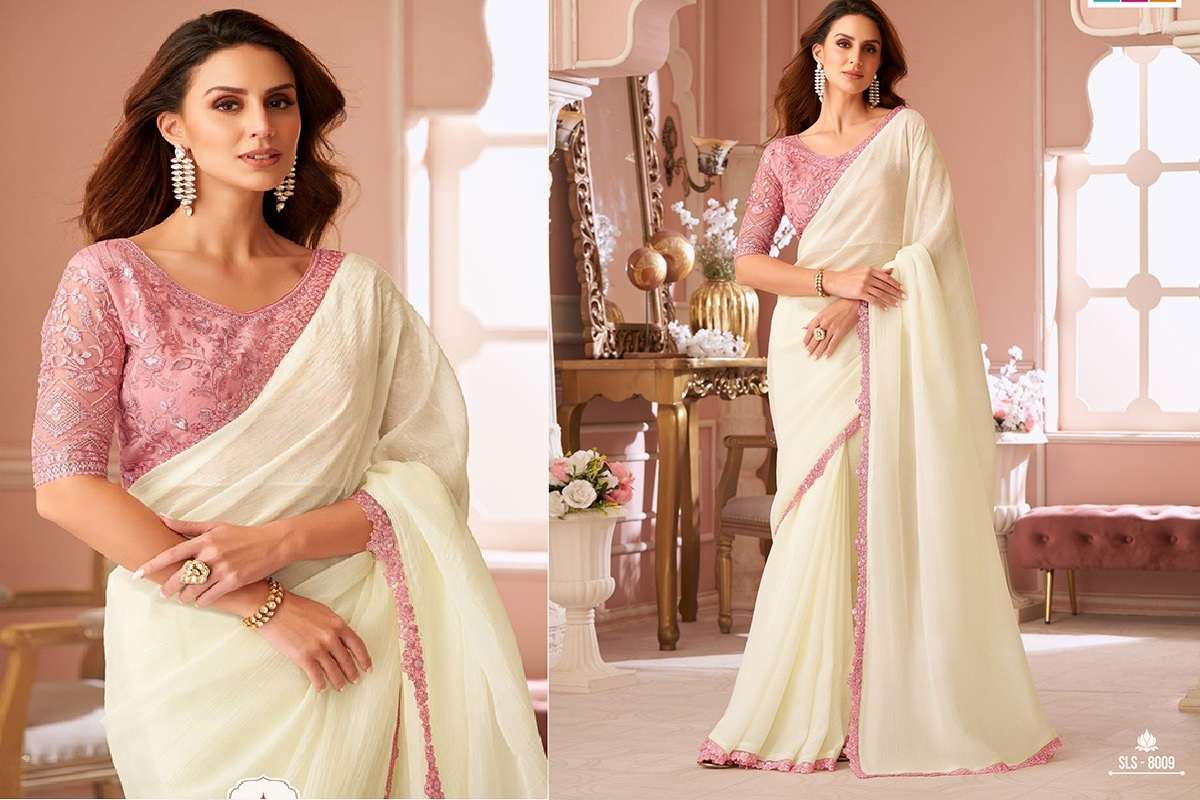 DESIGNER FANCY WEDDING PARTY WEAR INDIAN WHITE GEORGETTE SAREE COLLECTION SM TFH 8009