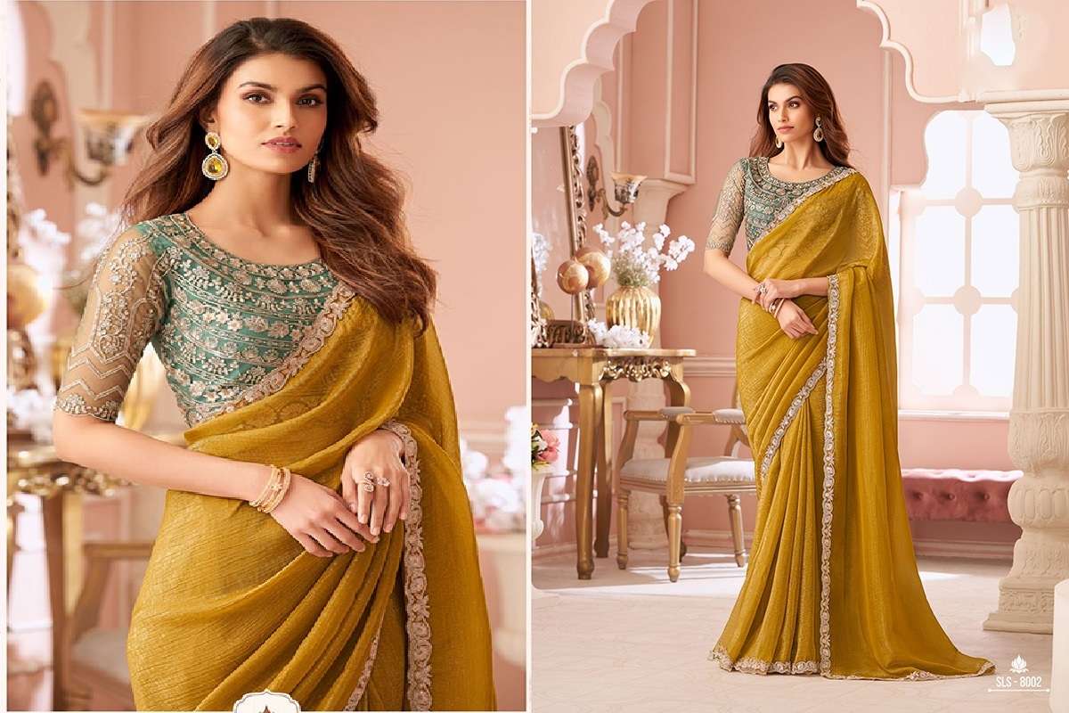 DESIGNER FANCY WEDDING PARTY WEAR INDIAN YELLOW GEORGETTE SAREE COLLECTION SM TFH 8002