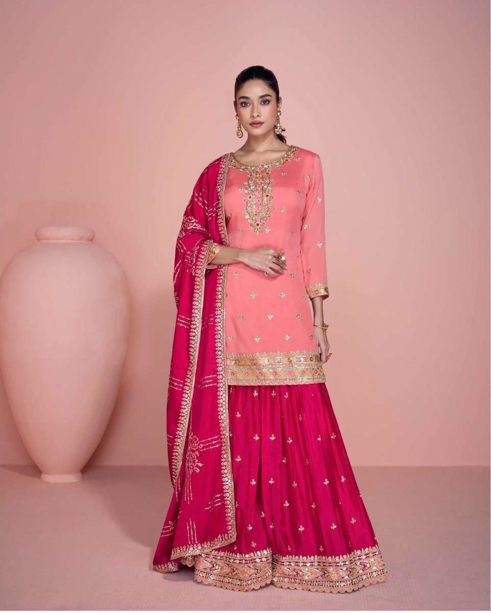 DESIGNER FANCY WEDDING PARTY WEAR PEACH COLOR CHINON SHARARA SALWAR SUIT SY ZOHA 5771
