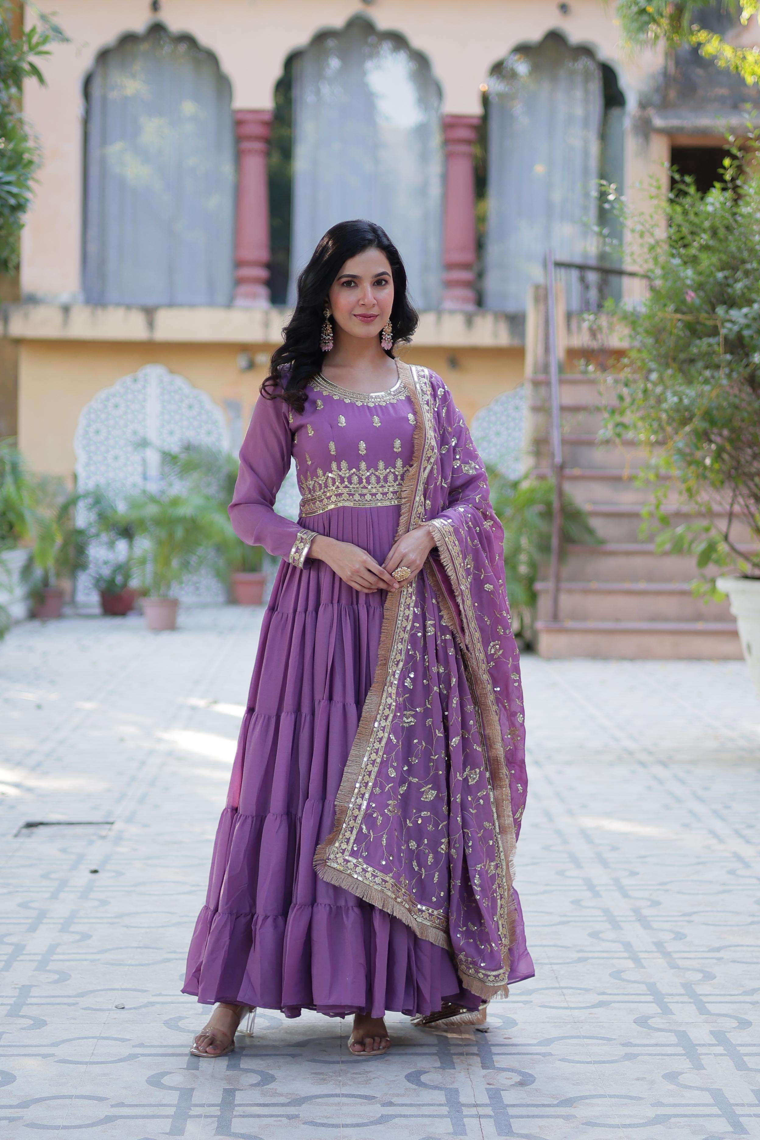 DESIGNER FANCY WEDDING PARTY WEAR STAR GEORGETTE LAVENDER ANARKALI GOWN SALWAR SUIT LW 9214 B