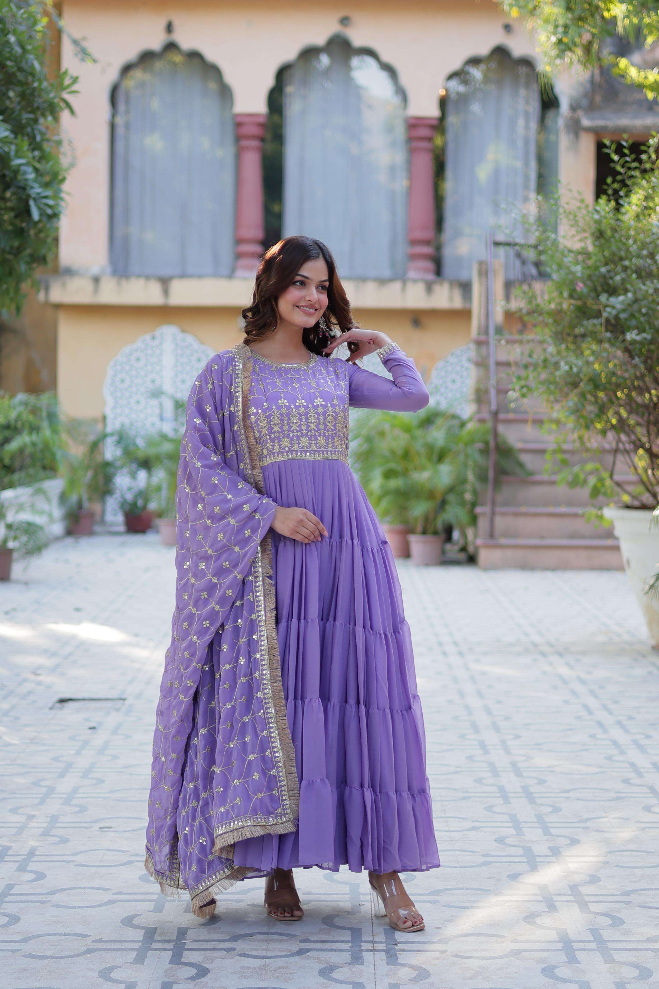 DESIGNER FANCY WEDDING PARTY WEAR STAR GEORGETTE PURPLE ANARKALI GOWN SALWAR SUIT LW 9214 C