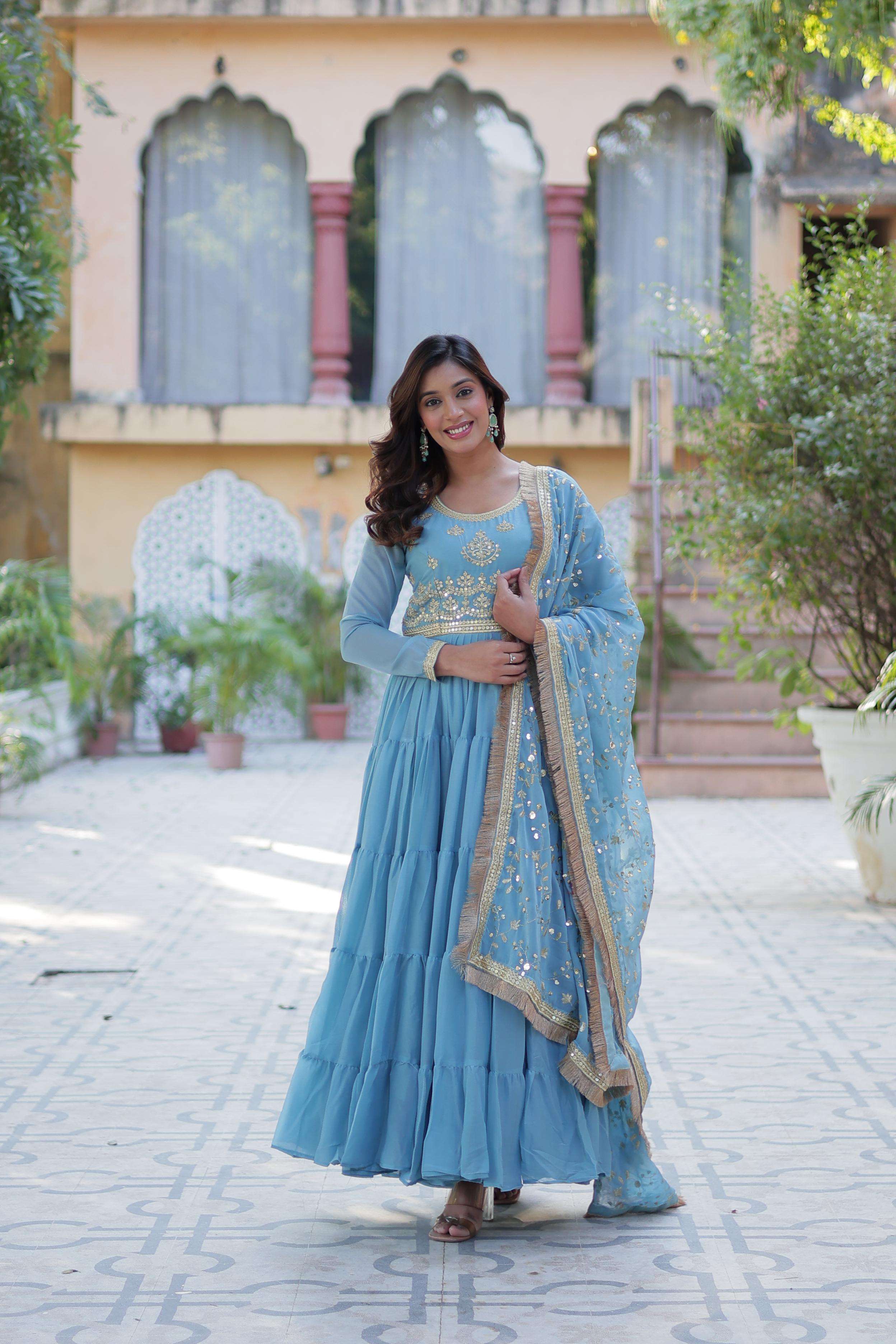 DESIGNER FANCY WEDDING PARTY WEAR STAR GEORGETTE SKY BLUE ANARKALI GOWN SALWAR SUIT LW 9214 D